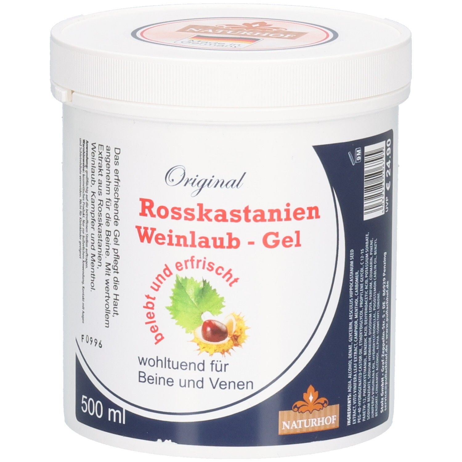 Weißer Tiegel mit Deckel. Aufschrift: Original Rosskastanien Weinlaub-Gel. Abbildung von Kastanie und Blatt. Text: wohltuend für Beine und Venen. 500 ml.