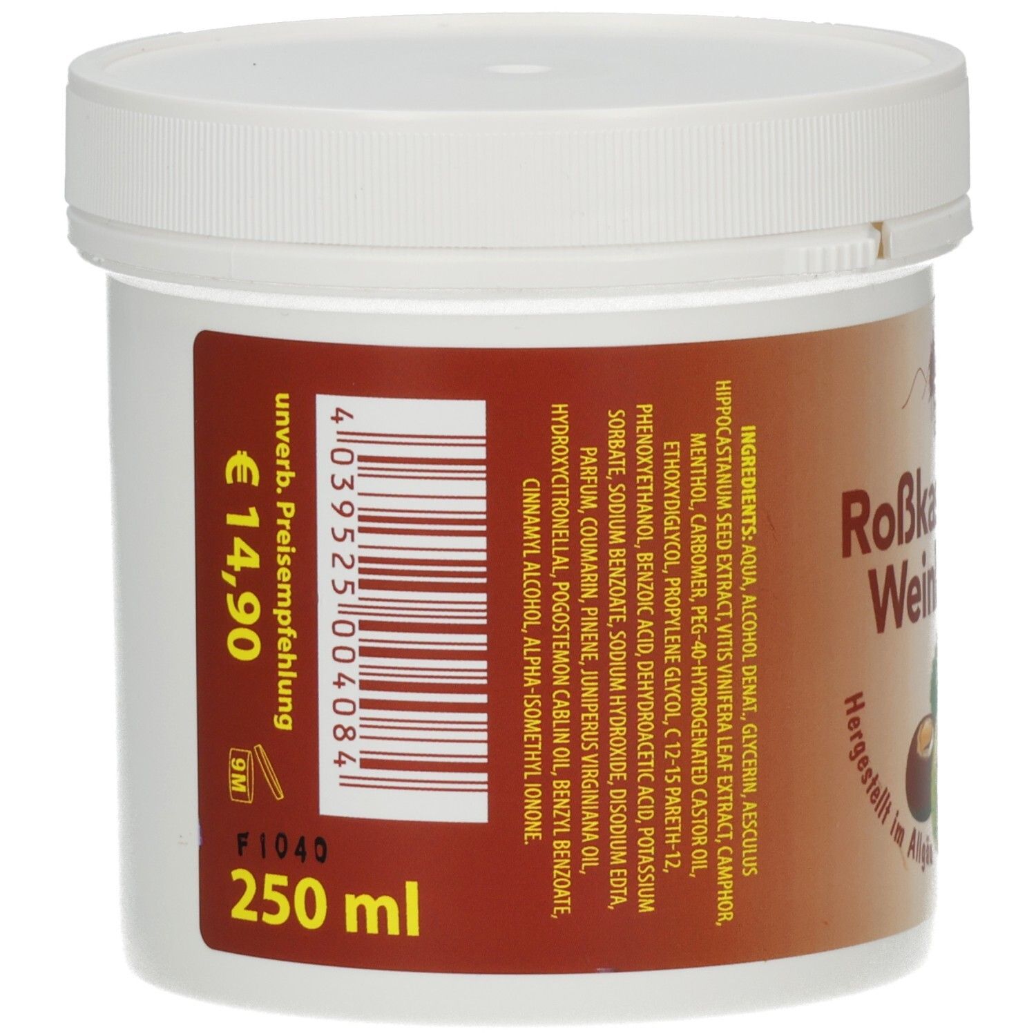 Rückseite des weißen Tiegels. Braunes Etikett mit Inhaltsstoffen, Preis und Barcode. Volumen: 250 ml.