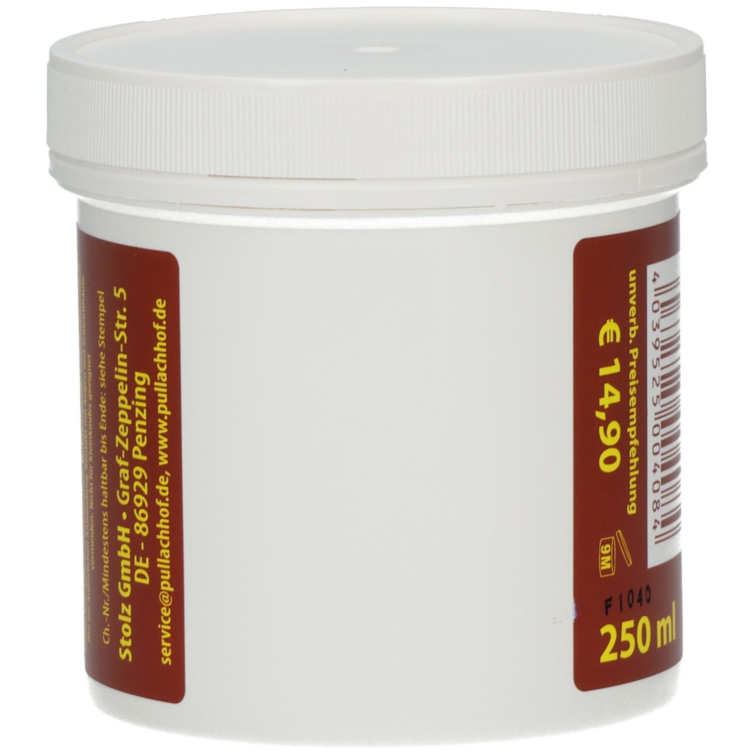 Rückseite des weißen Tiegels. Braunes Etikett mit Firmenadresse und Volumenangabe: 250 ml.