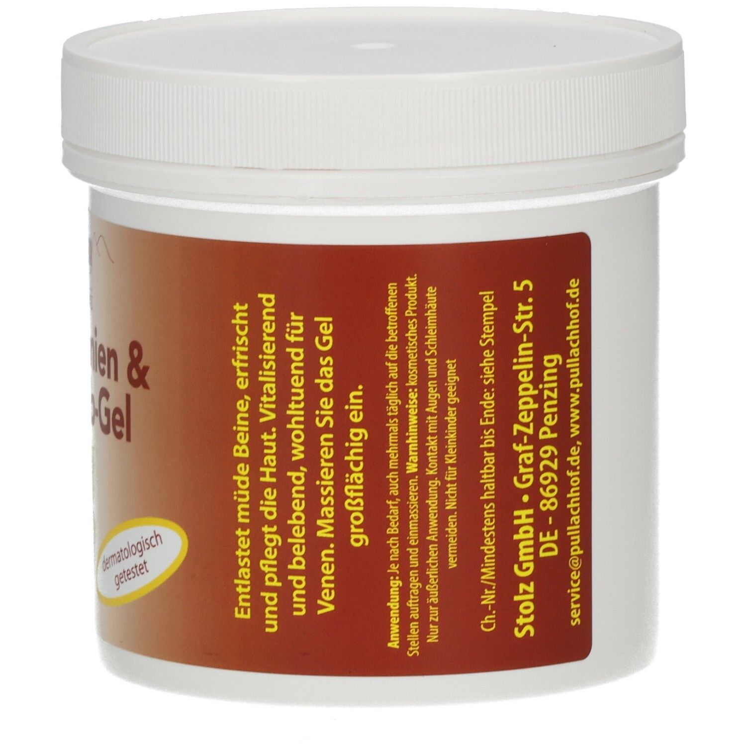 Rückseite des weißen Tiegels. Braunes Etikett mit Anwendungshinweisen und Firmenadresse.