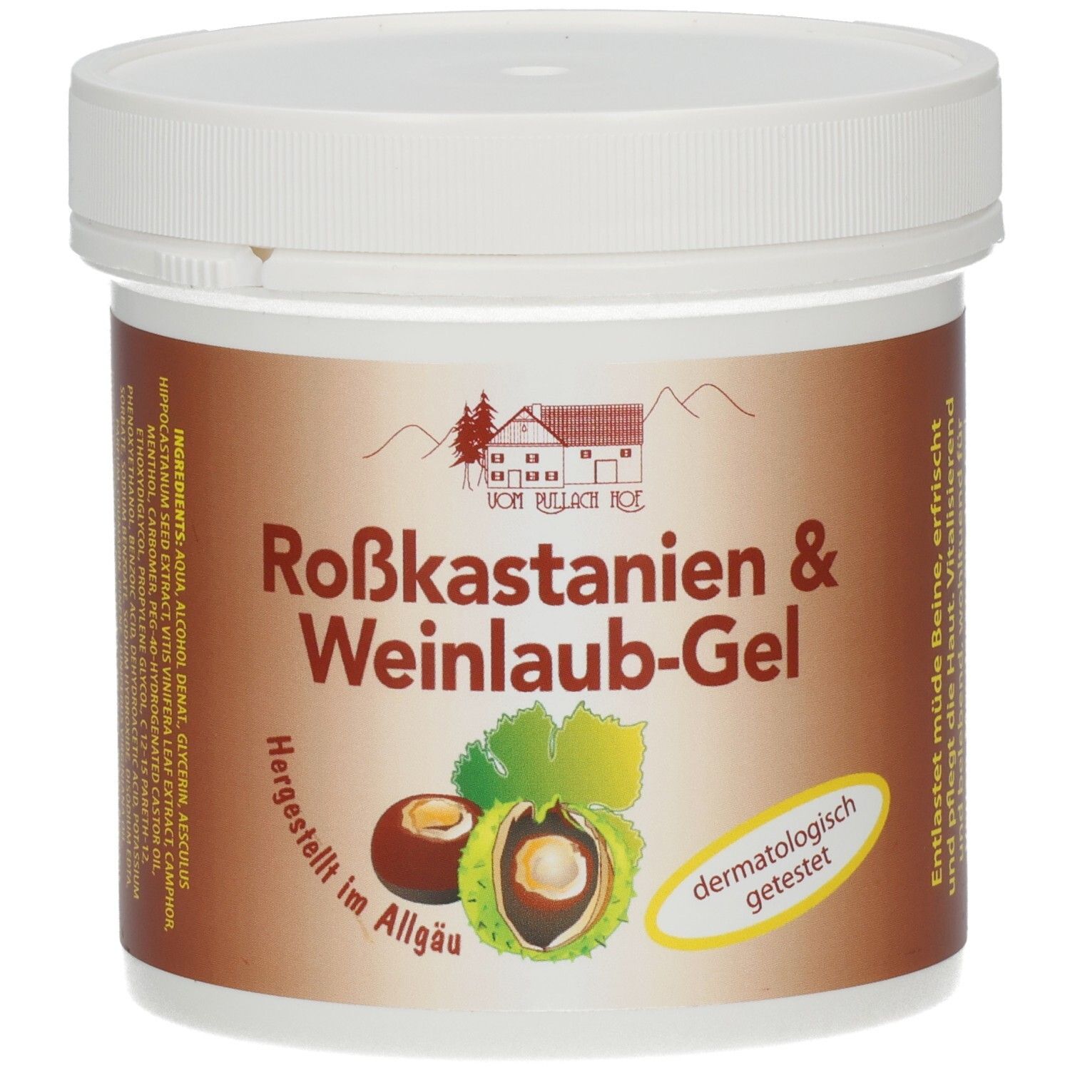 Weißer Tiegel mit braunem Etikett. Aufschrift: Roßkastanien & Weinlaub-Gel. Abbildung von Kastanie und Blatt. Dermatologisch getestet.