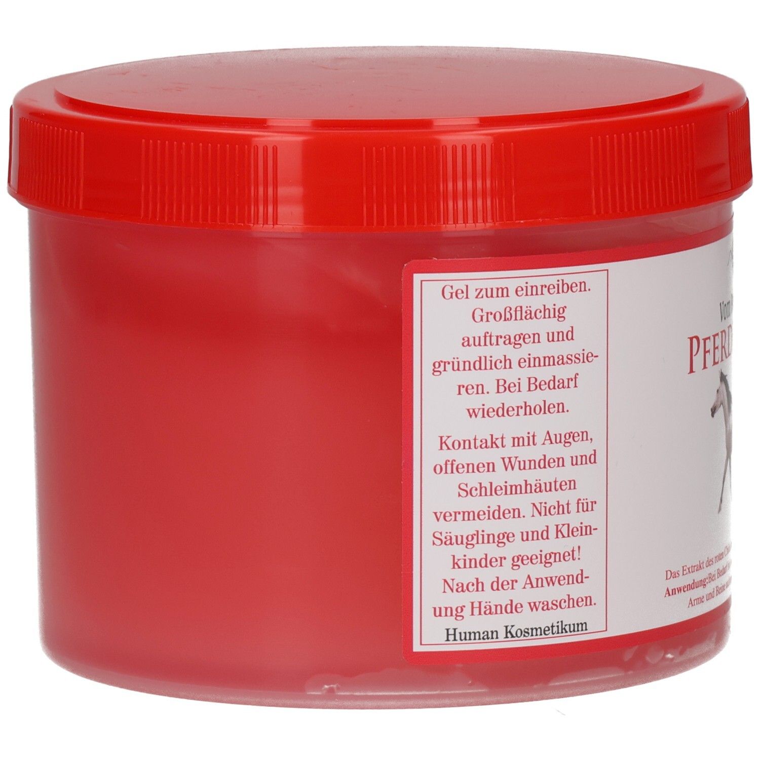 Roter, runder Behälter mit rotem Deckel. Aufschrift auf weißem Etikett. Text: Gel zum Einreiben. Nicht für Säuglinge und Kleinkinder geeignet.