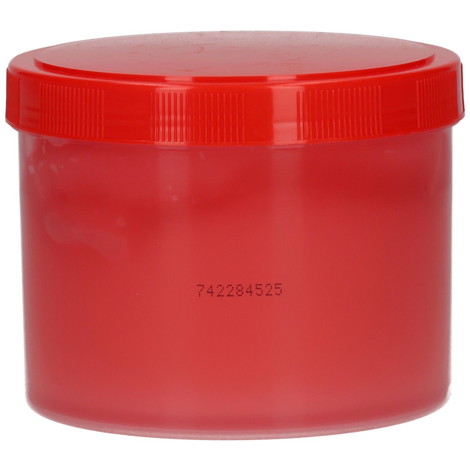 Runder, roter Behälter mit rotem Deckel. Auf dem Boden befindet sich eine weiße Aufschrift mit einer Zahlenkombination.