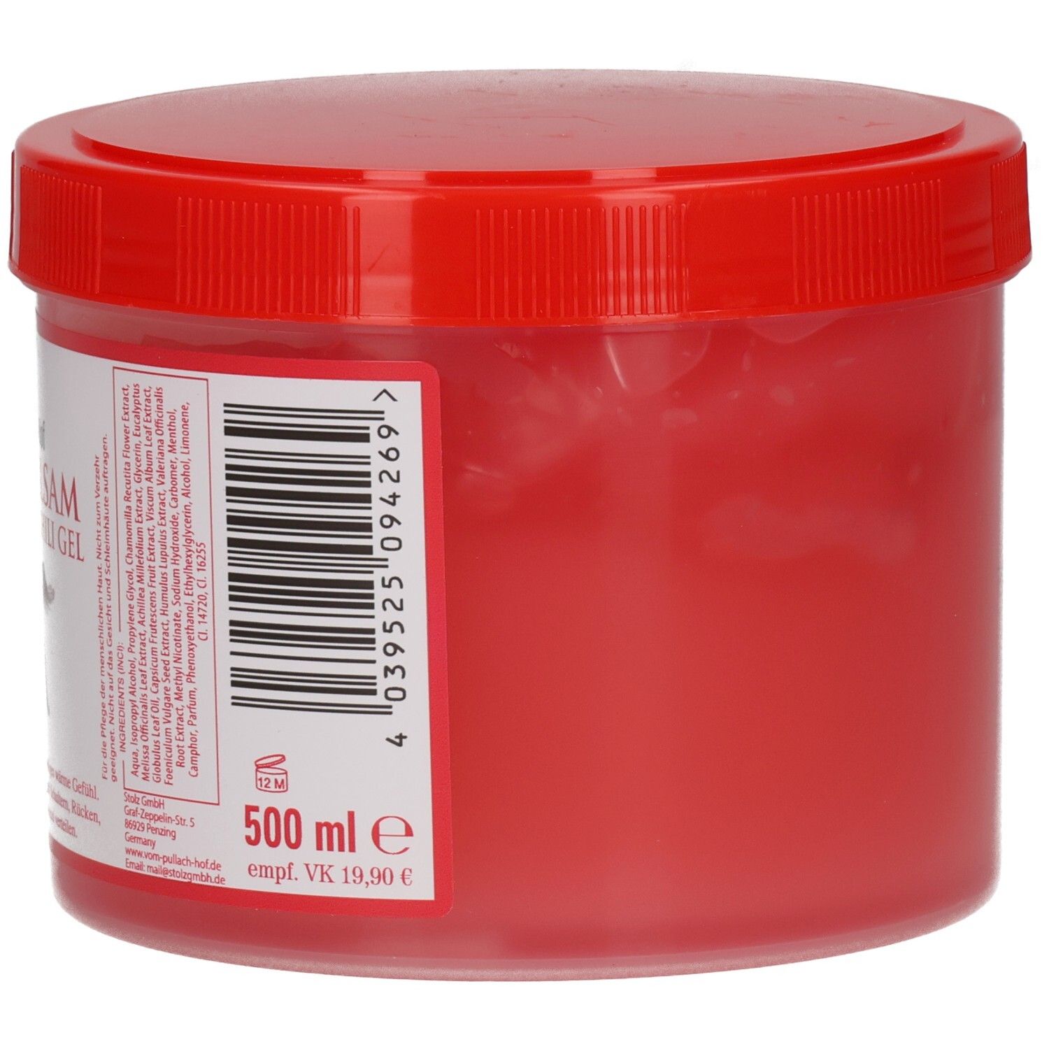 Roter, runder Behälter mit rotem Deckel. Aufschrift: Pferdebalsam Chili Gel. Barcode und Text. 500 ml.
