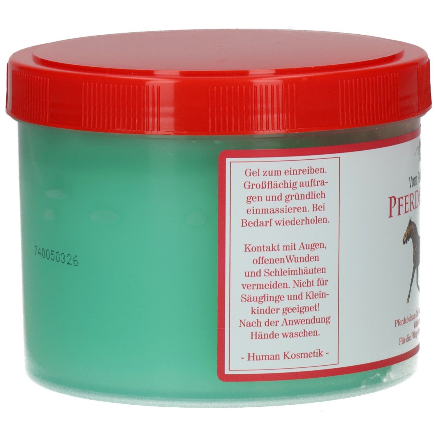 Runde Dose, grüne Gel-Füllung, roter Deckel. Aufschrift: Vom Pullach Hof Pferdebalsam Gel. Text auf Deutsch.