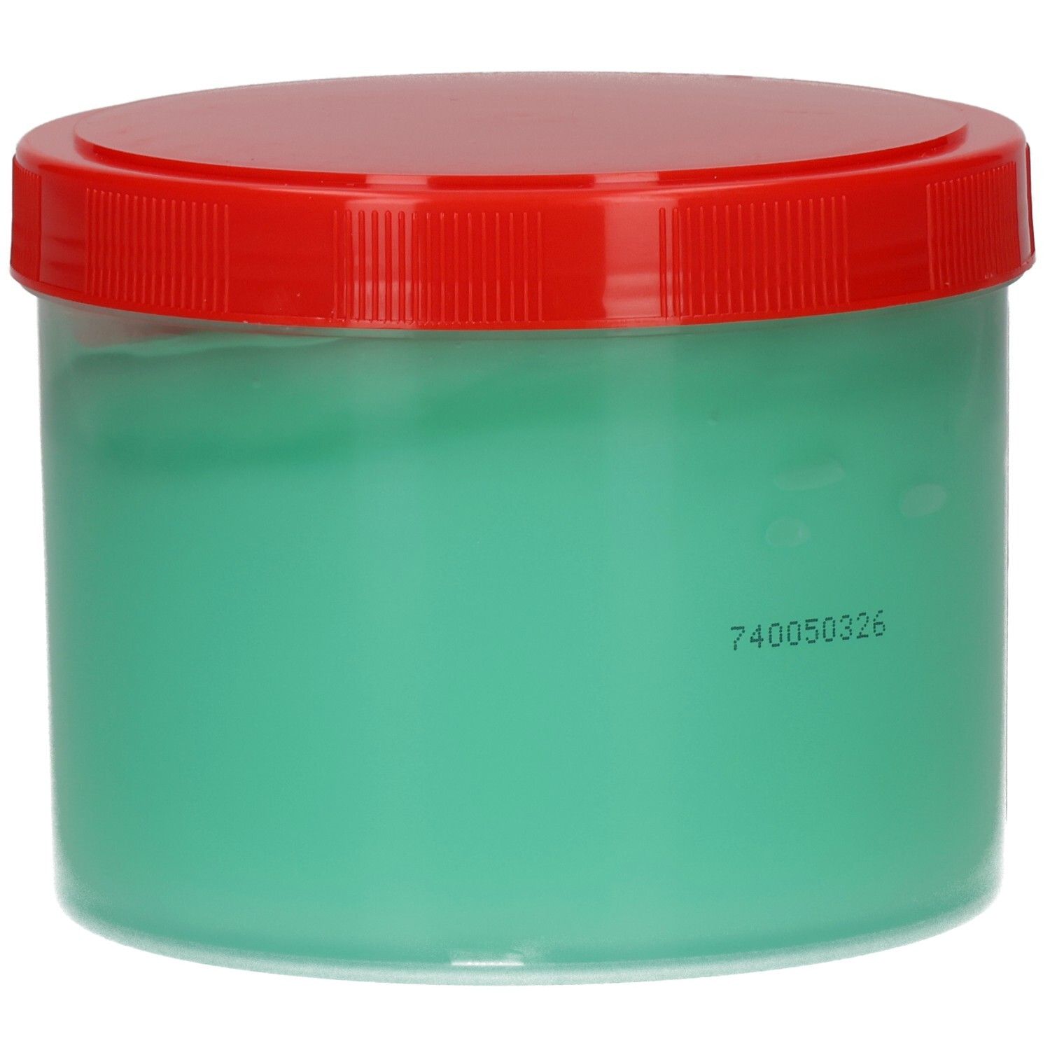 Runde Dose mit grünem Gel und rotem Deckel. Auf der Seite eine Nummer. Keine weiteren Details.