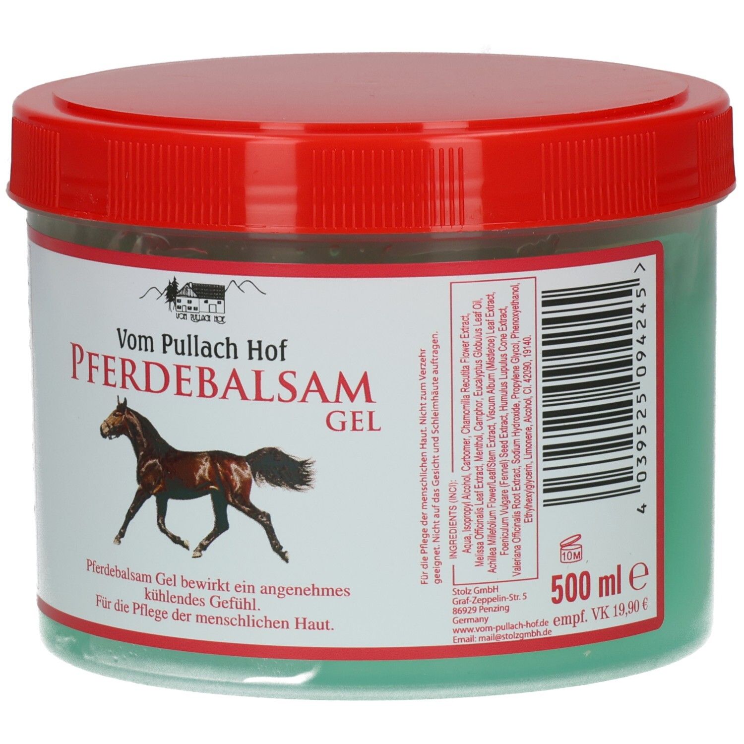 Runde Dose mit rotem Deckel. Etikett mit Produktname, Pferd-Illustration, Inhaltsstoffe und Volumenangabe.