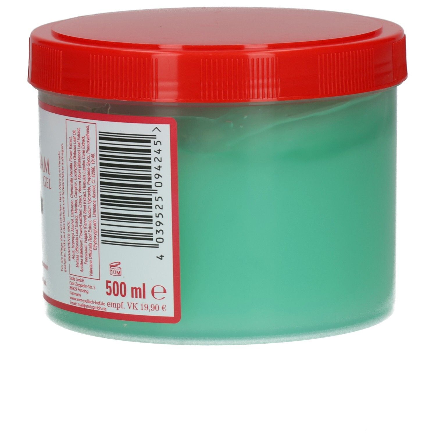 Runde Dose mit rotem Deckel. Etikett mit Produktname, Inhaltsstoffe, Volumenangabe und Barcode.