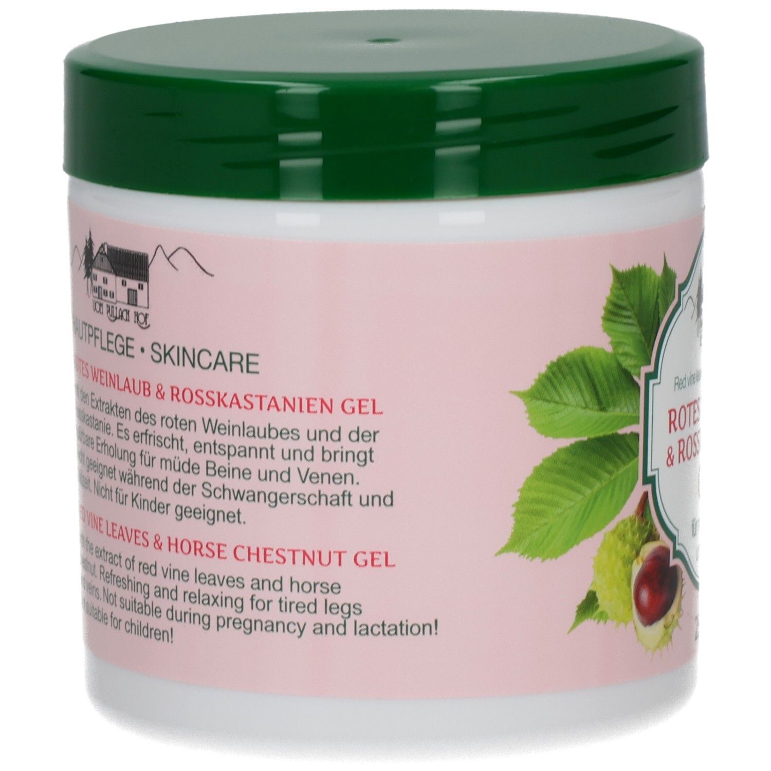 Weißes Tiegel mit grünem Deckel. Aufkleber mit Produktinformationen und Text in Deutsch und Englisch.