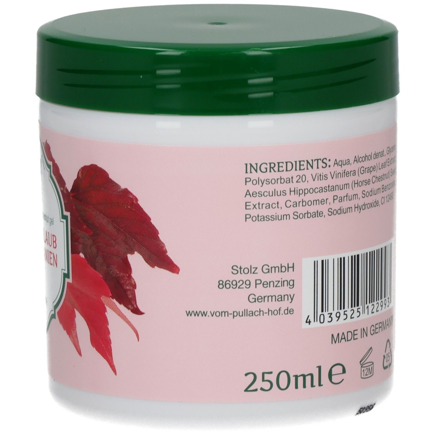 Weißes Tiegel mit grünem Deckel. Aufkleber mit Produktinformationen, Inhaltsstoffen und Text.