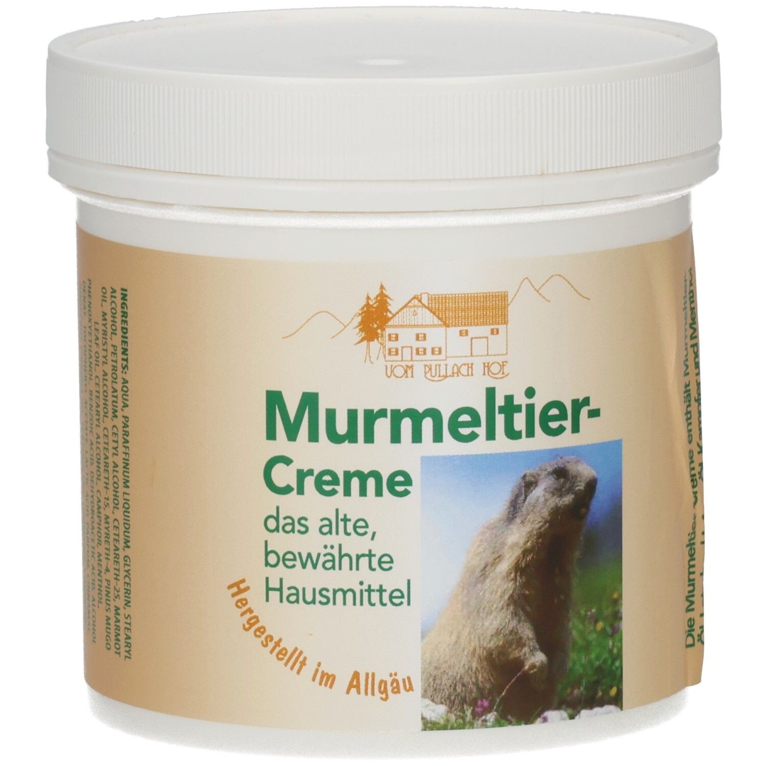 Behälter mit weißem Deckel und braunem Etikett. Aufschrift: Murmeltier-Creme, Logo, Murmeltier-Abbildung.