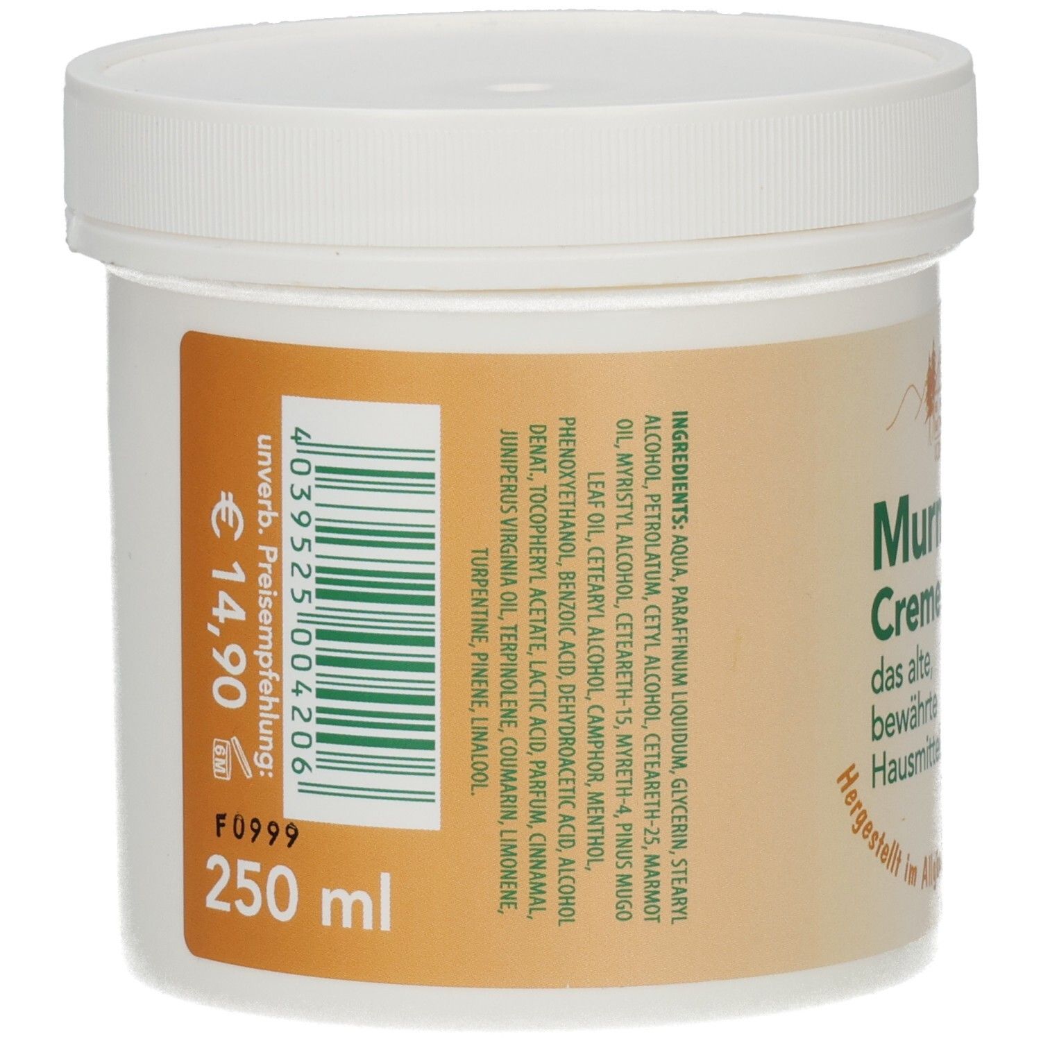 Rückseite des Behälters mit weißem Deckel. Braunes Etikett mit Barcode, Preis und Inhaltsstoffen.