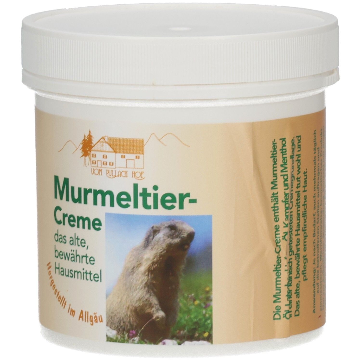 Behälter mit weißem Deckel und braunem Etikett. Aufschrift: Murmeltier-Creme, Logo, Murmeltier-Abbildung.