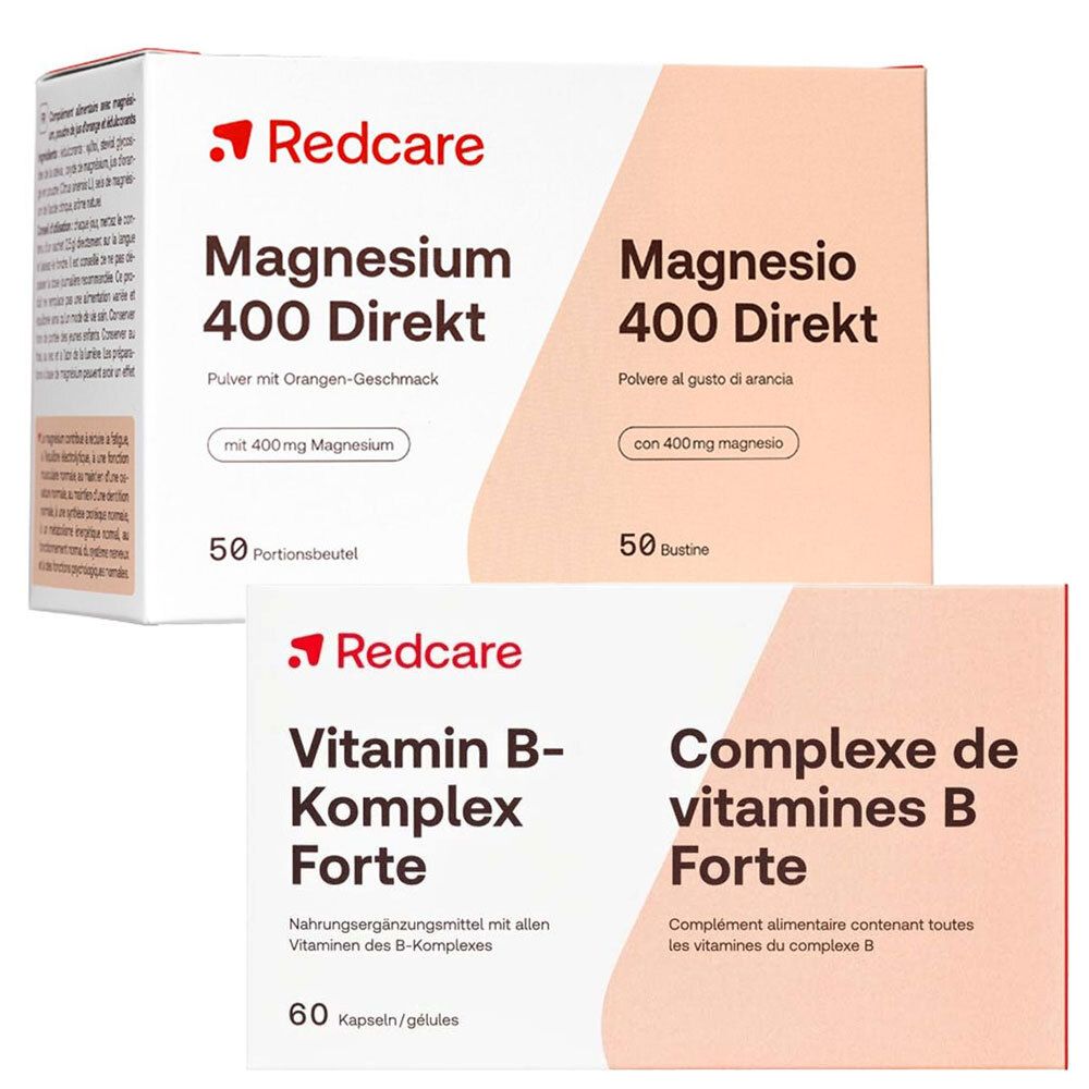 Zwei Produktverpackungen. Oben: Magnesium 400 Direkt. Unten: Vitamin B-Komplex Forte. Beide mit rotem Redcare Logo.