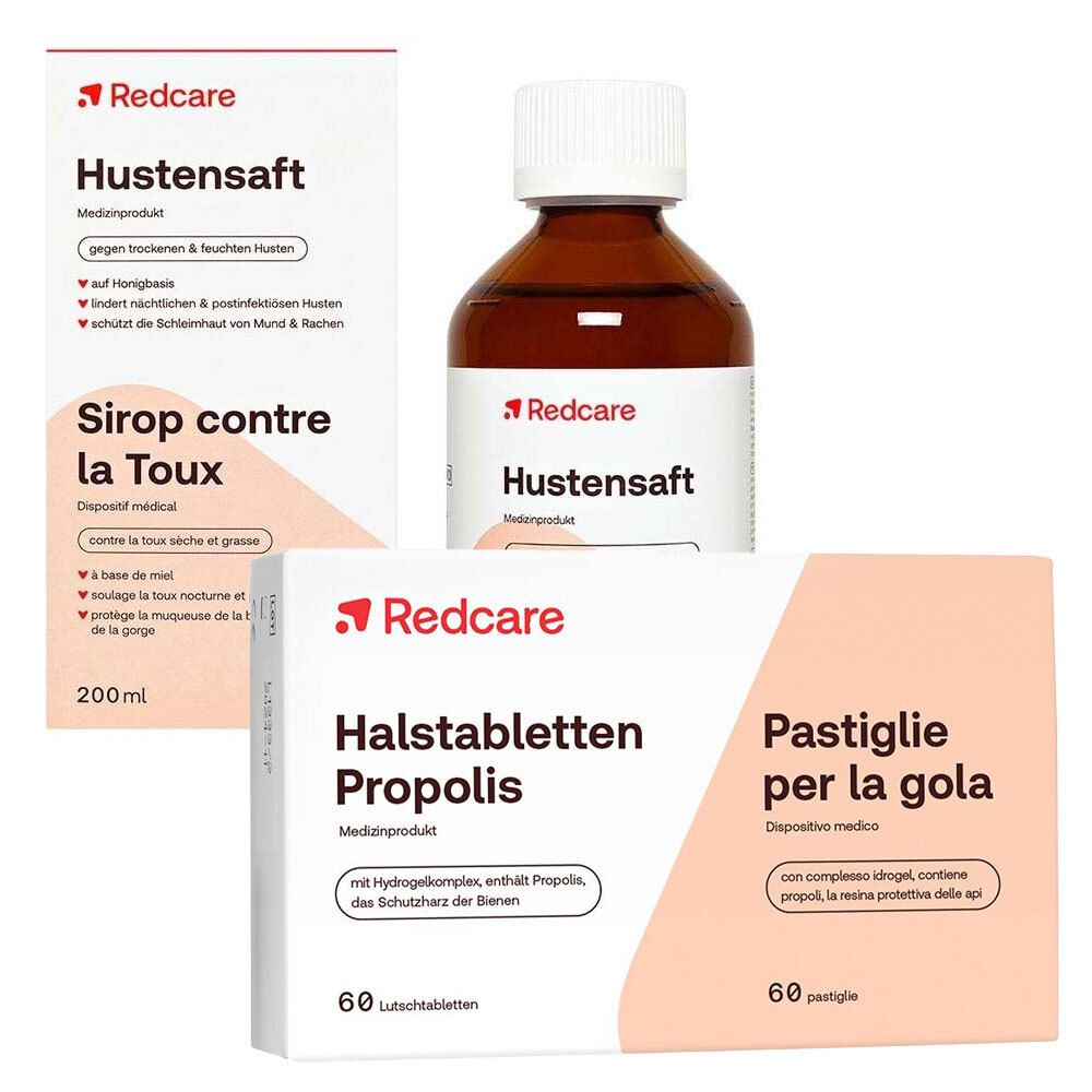 Drei Medizinprodukte: Hustensaft in Flasche und Schachtel, Halstabletten Propolis in Schachtel. Alle mit dem Logo Redcare.
