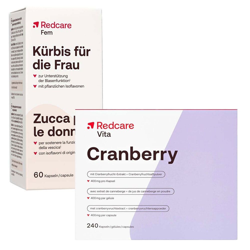 Zwei Produktverpackungen. Eine weiße Schachtel mit „Redcare Fem Kürbis für die Frau“. Daneben eine lila Schachtel mit „Redcare Vita Cranberry“.