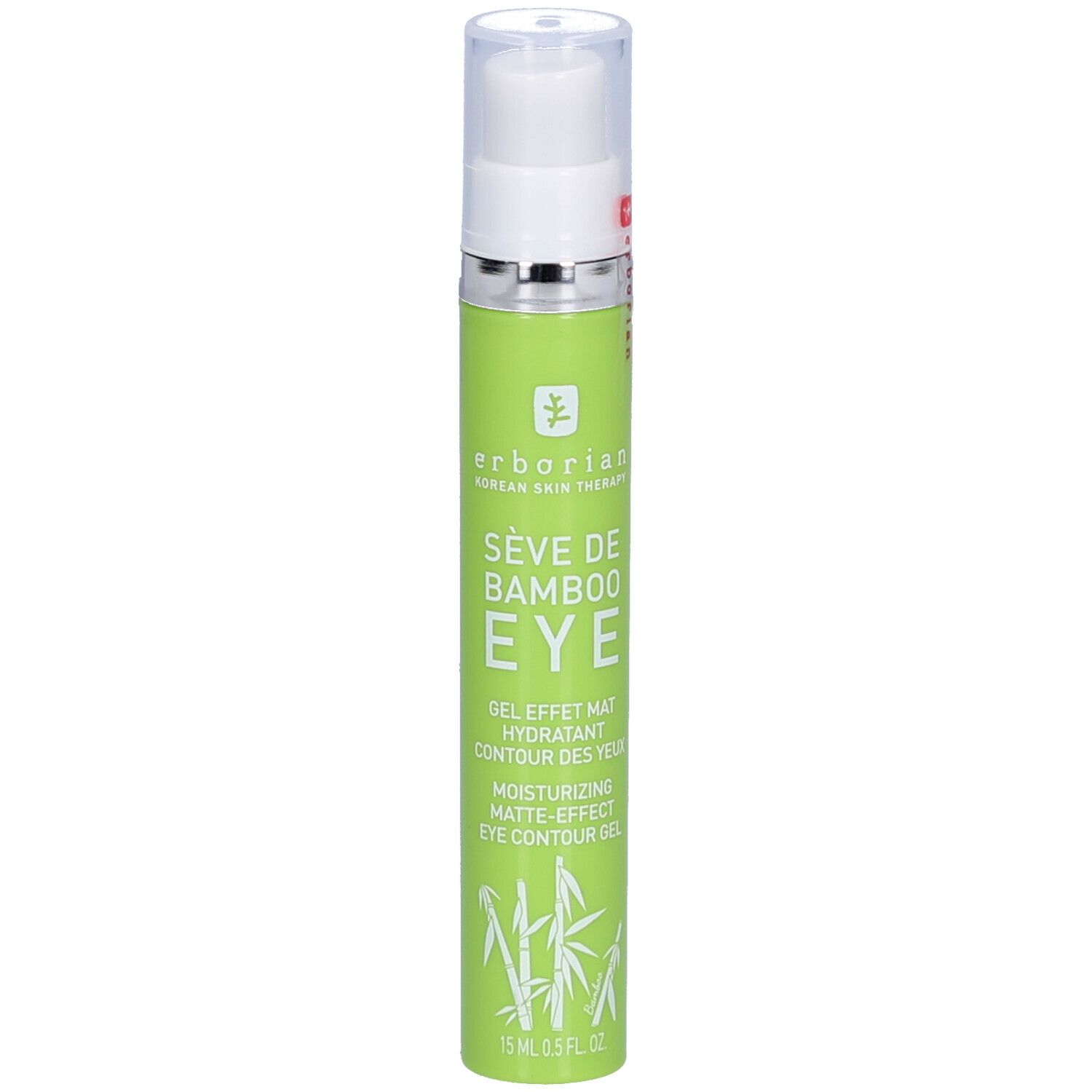 Grüne Tube mit weißem Pumpkopf. Aufschrift: Sève de Bamboo Eye. Gel für Augenpartie. 15 ml.