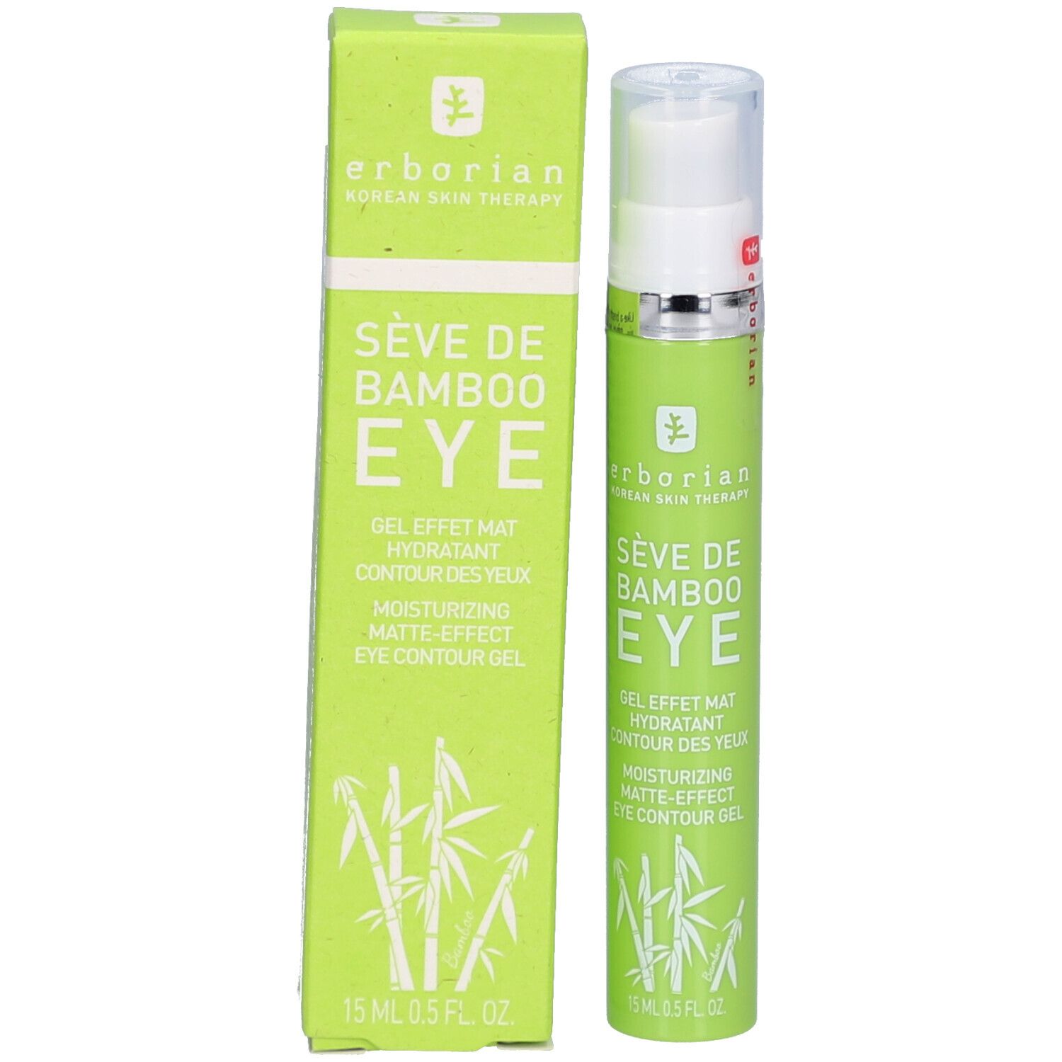 Grüne Tube und Schachtel. Aufschrift: Sève de Bamboo Eye. Gel für Augenpartie. 15 ml. Marke Erborian.