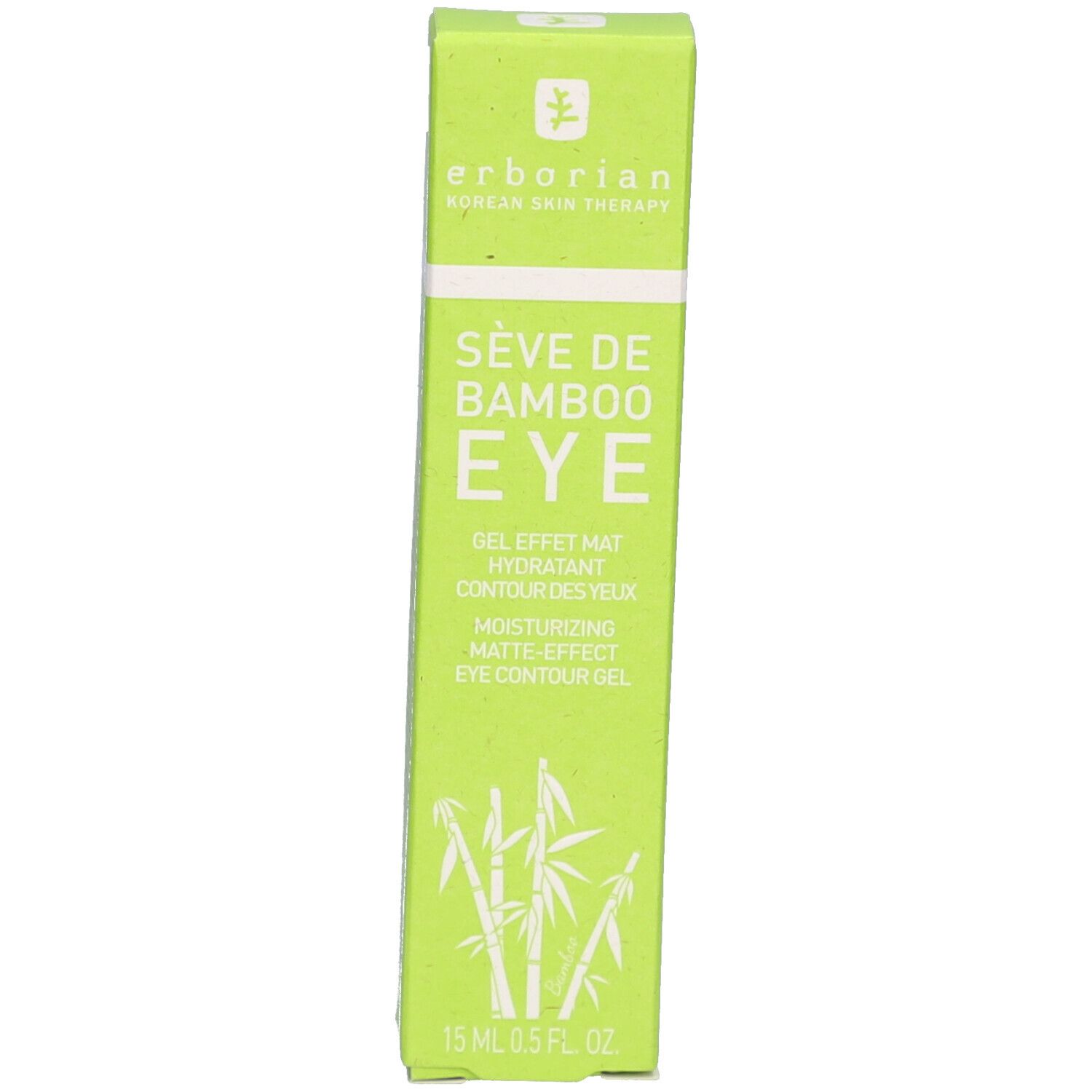 Grüne Schachtel. Aufschrift: Sève de Bamboo Eye. Gel für Augenpartie. 15 ml. Marke Erborian.