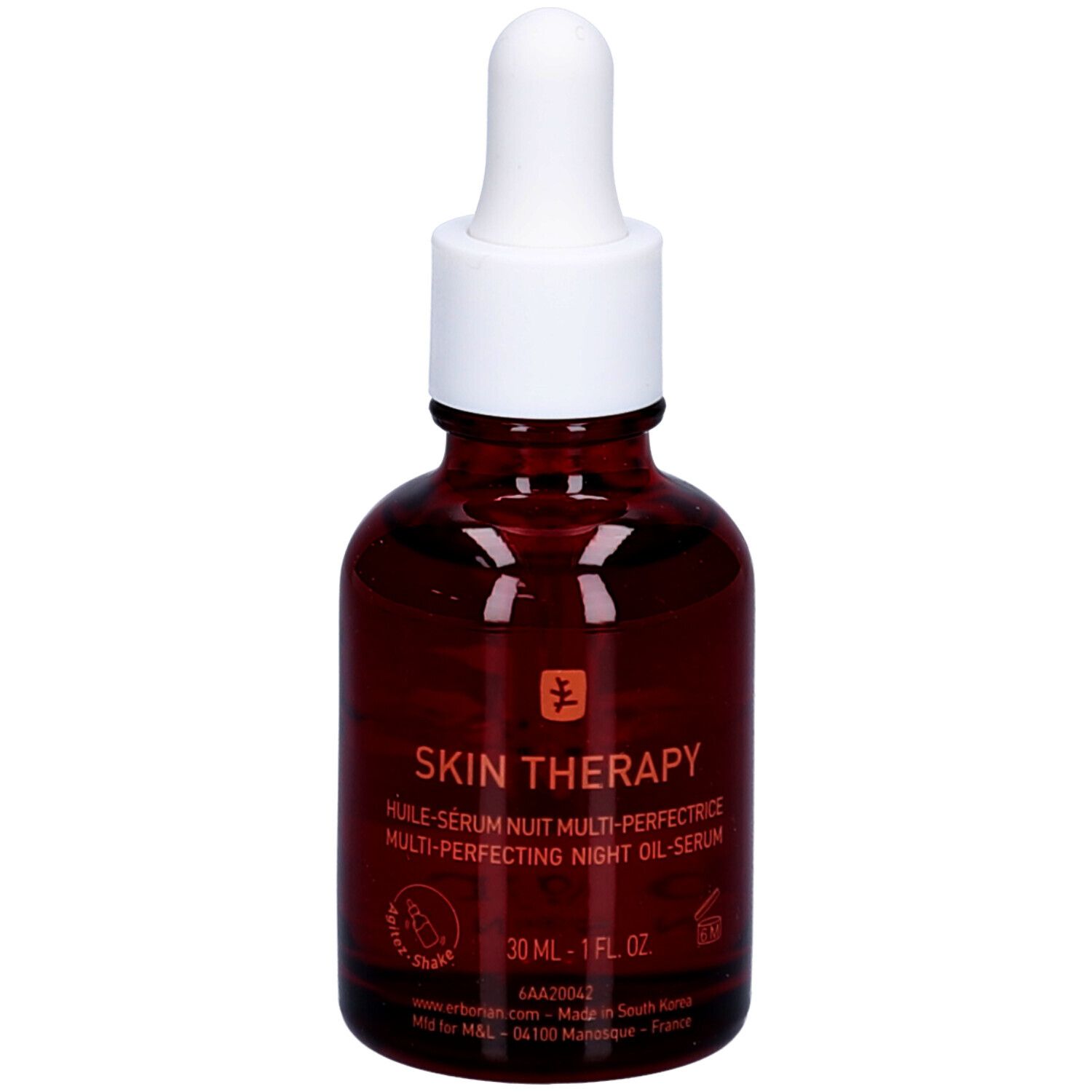 Braune Glasflasche mit weißem Deckel und Pipette. Aufschrift: Skin Therapy. 30 ml.