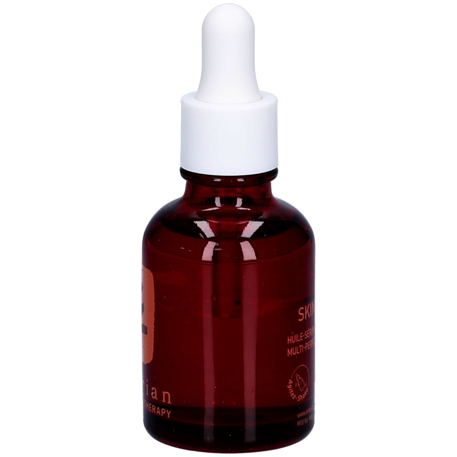 Braune Glasflasche mit weißem Deckel und Pipette. Aufschrift: Skin Therapy.