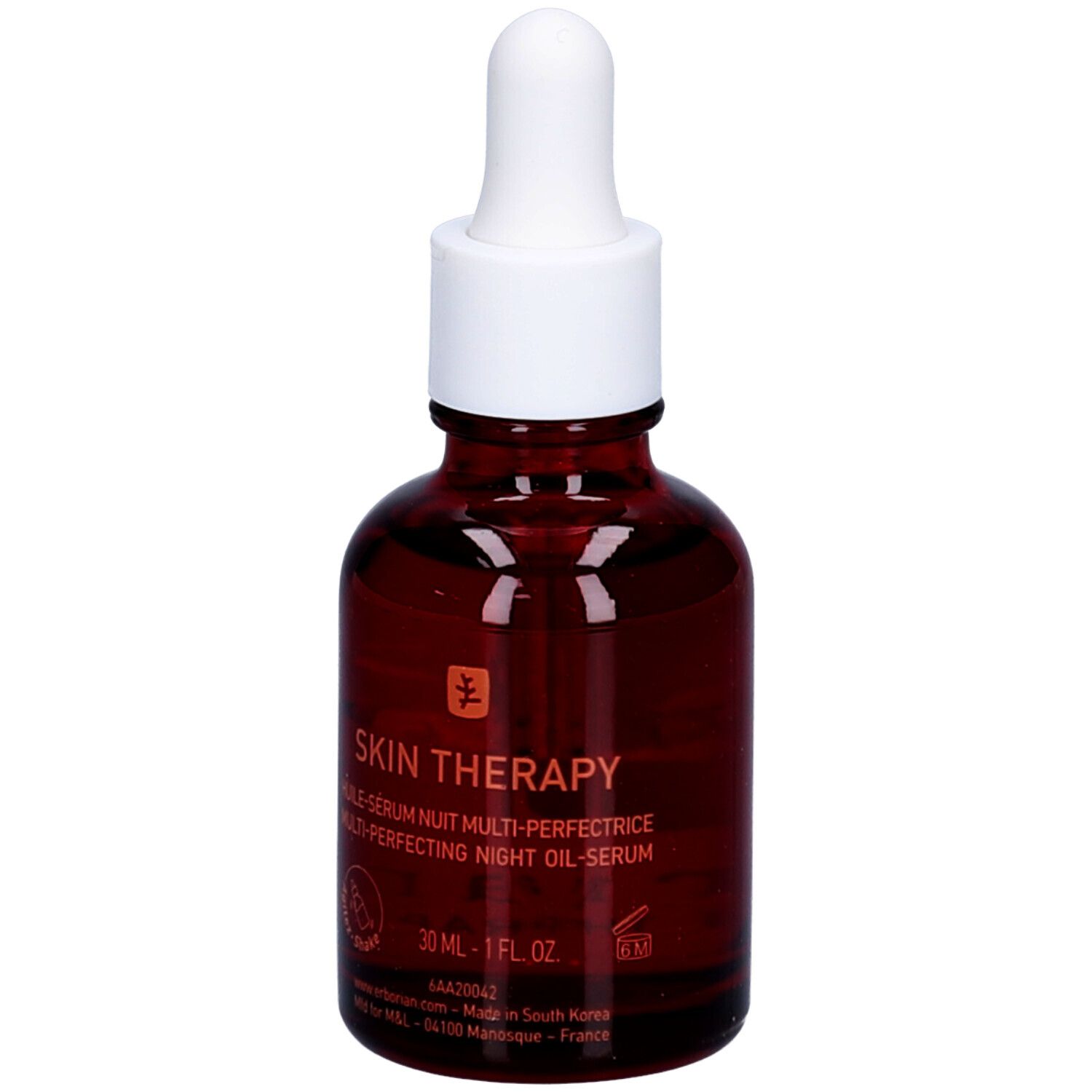 Braune Glasflasche mit weißem Deckel und Pipette. Aufschrift: Skin Therapy. 30 ml.