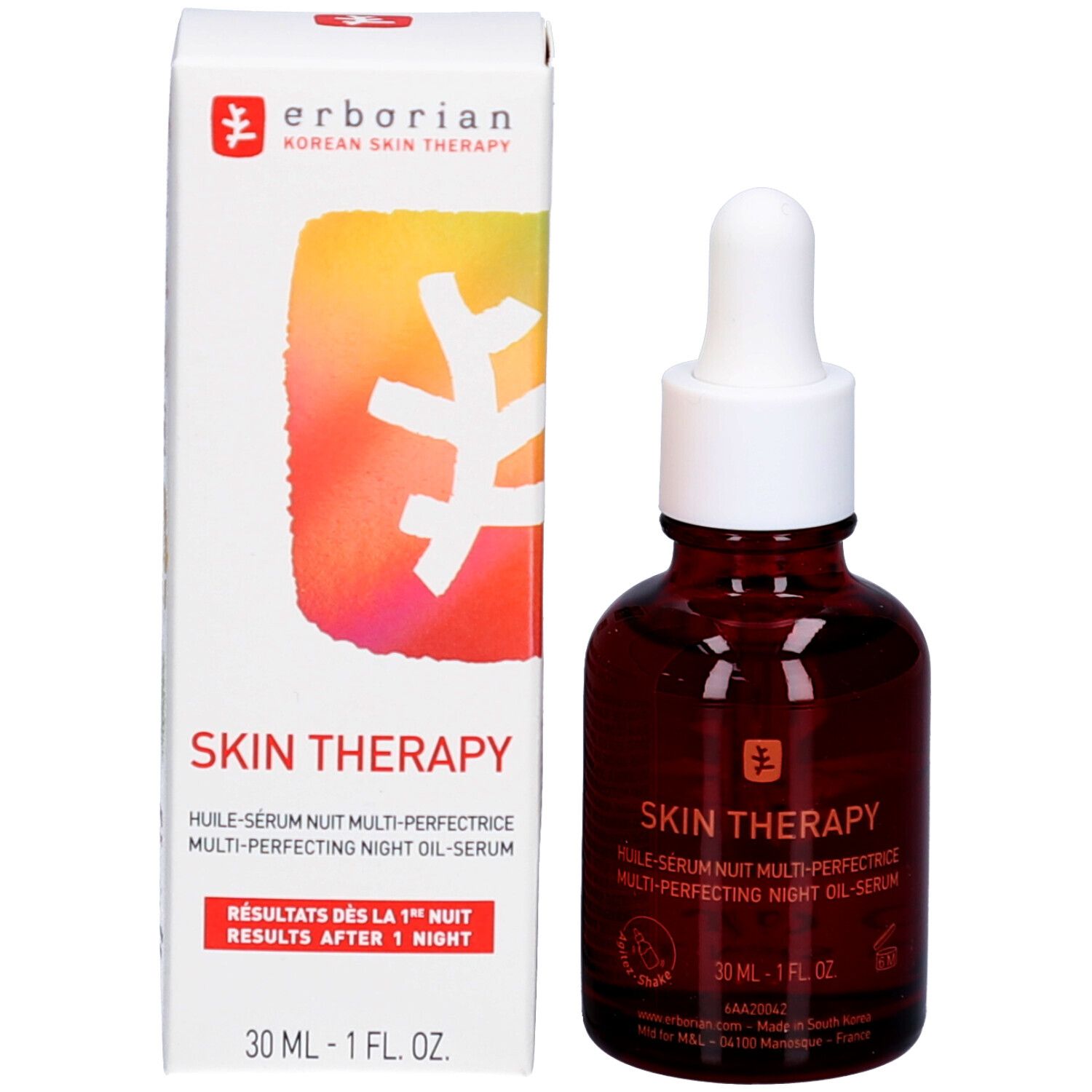 Produktflasche und Verpackung. Aufschrift: Skin Therapy. 30 ml. Ergebnisse nach 1 Nacht.