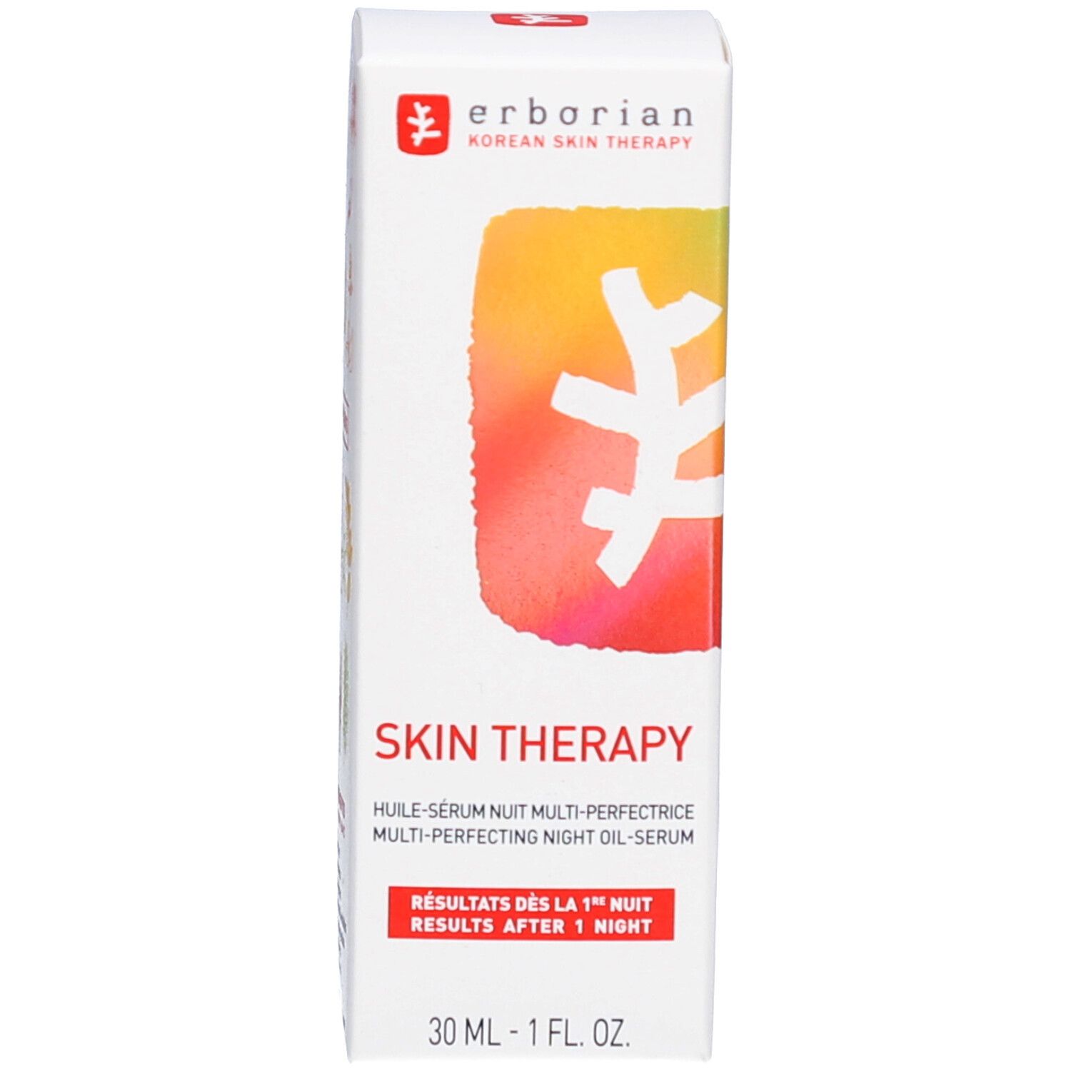 Produktverpackung. Aufschrift: Skin Therapy. Ergebnisse nach 1 Nacht. 30 ml.