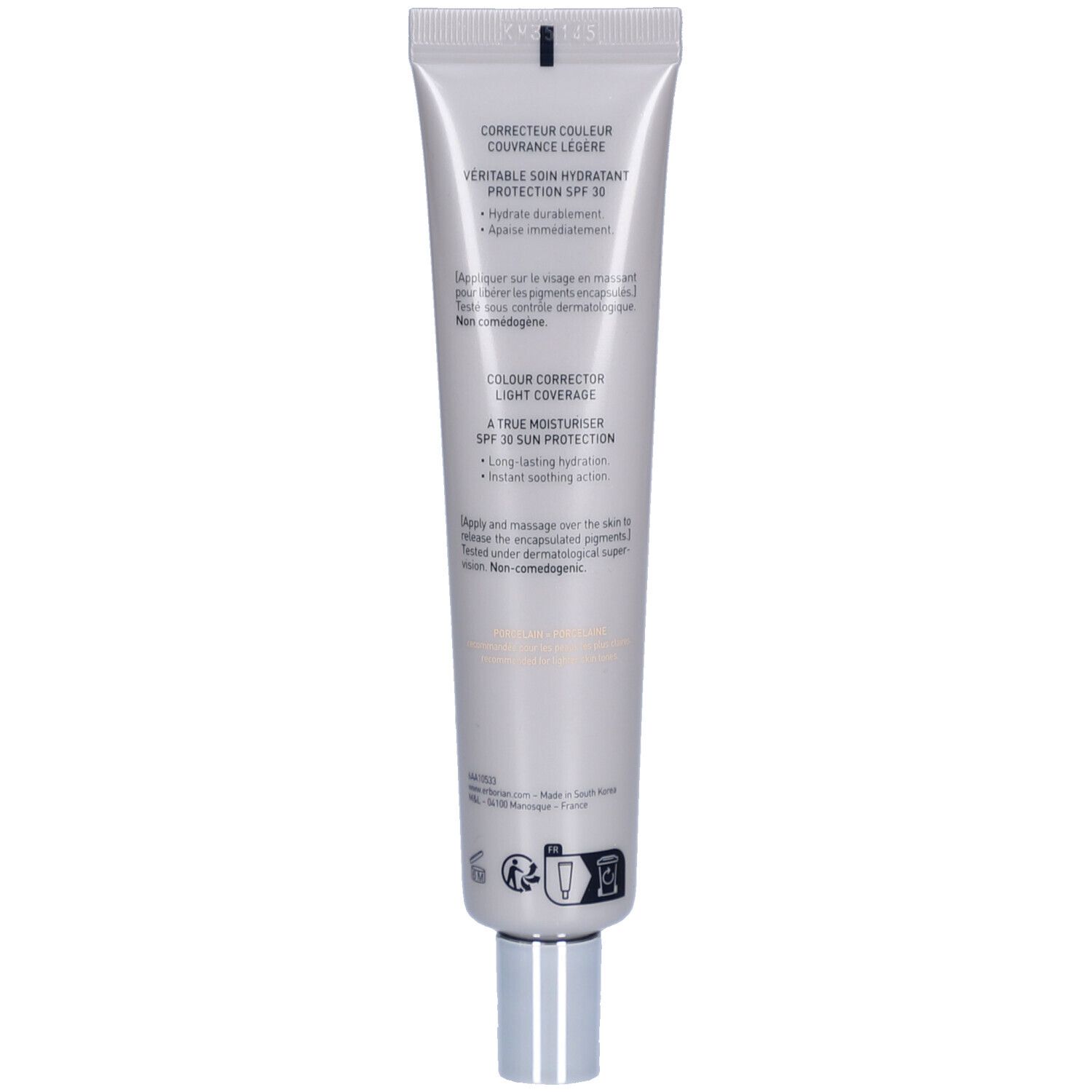 Silberne Tube mit Korrekturcreme, SPF 30. Enthält Text zu Feuchtigkeit und Schutz.