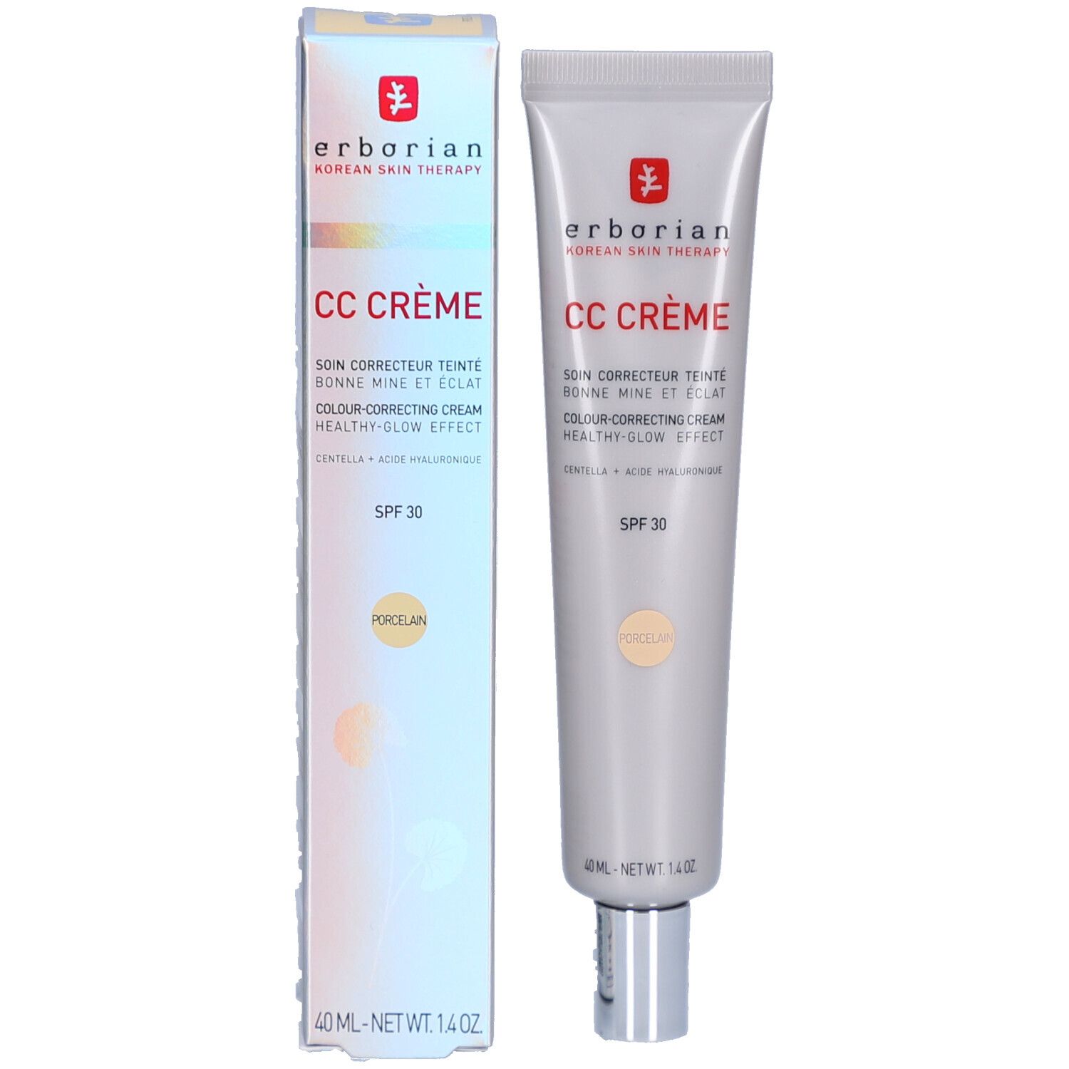 Erborian CC Creme in Porzellanfarbe, 40 ml Tube mit Faltschachtel. Enthält SPF 30.