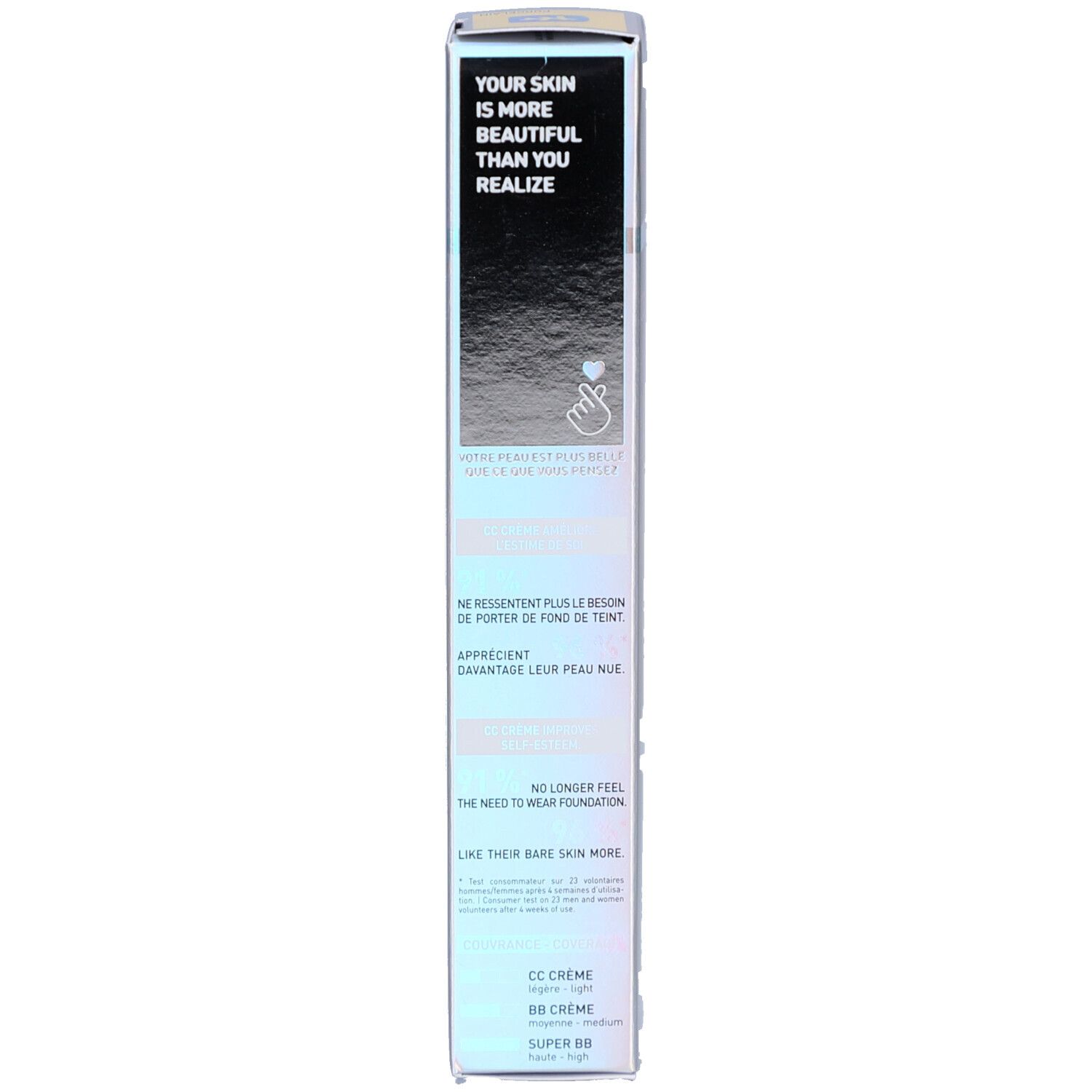 Verpackung für CC Creme und BB Creme mit englischen, französischen und deutschen Texten.