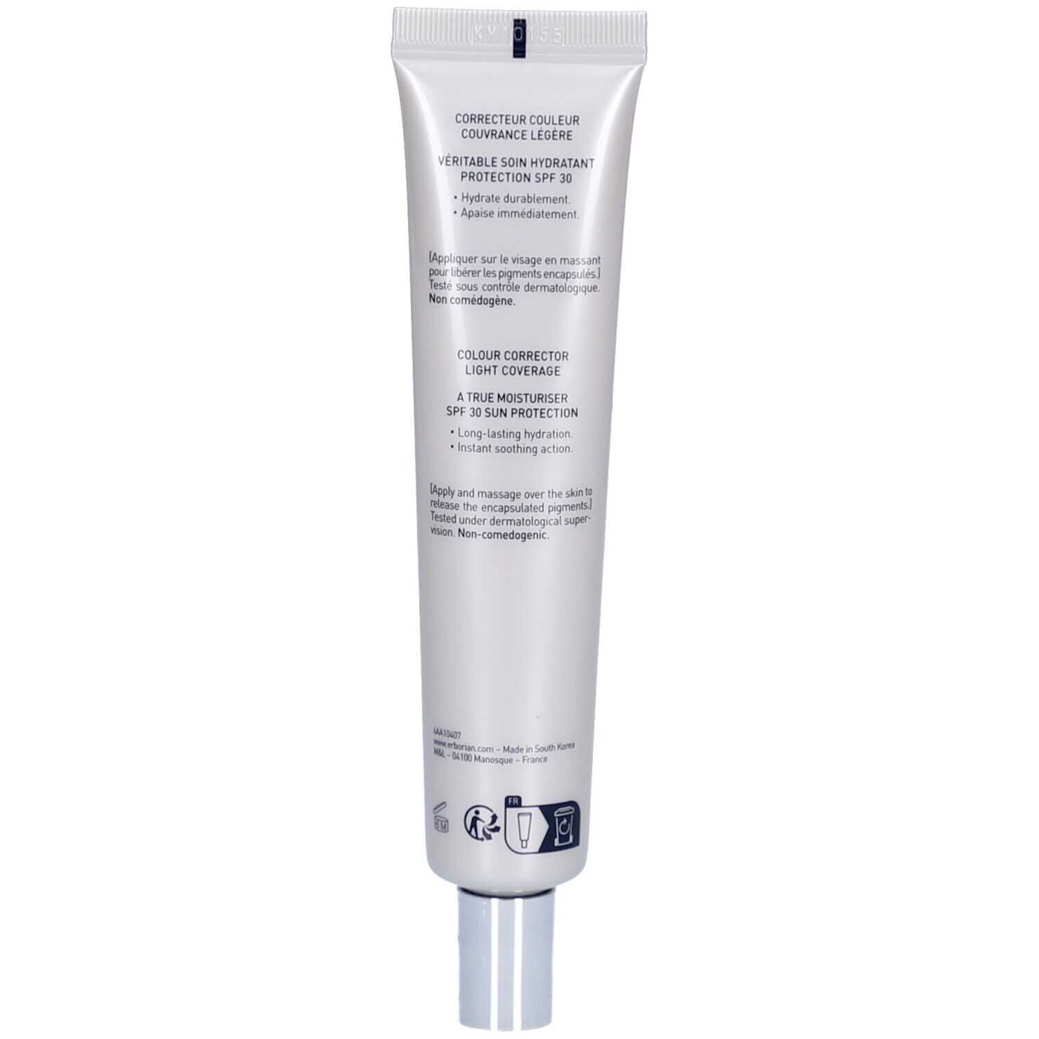 Rückseite der Erborian CC Creme Clair SPF 30 Tube mit Anwendungshinweisen.