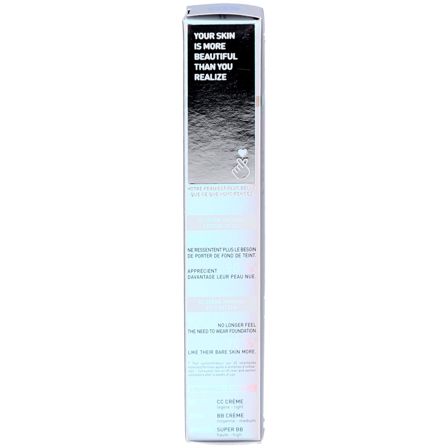 Seite der Erborian CC Creme Clair SPF 30 Faltschachtel mit Text.