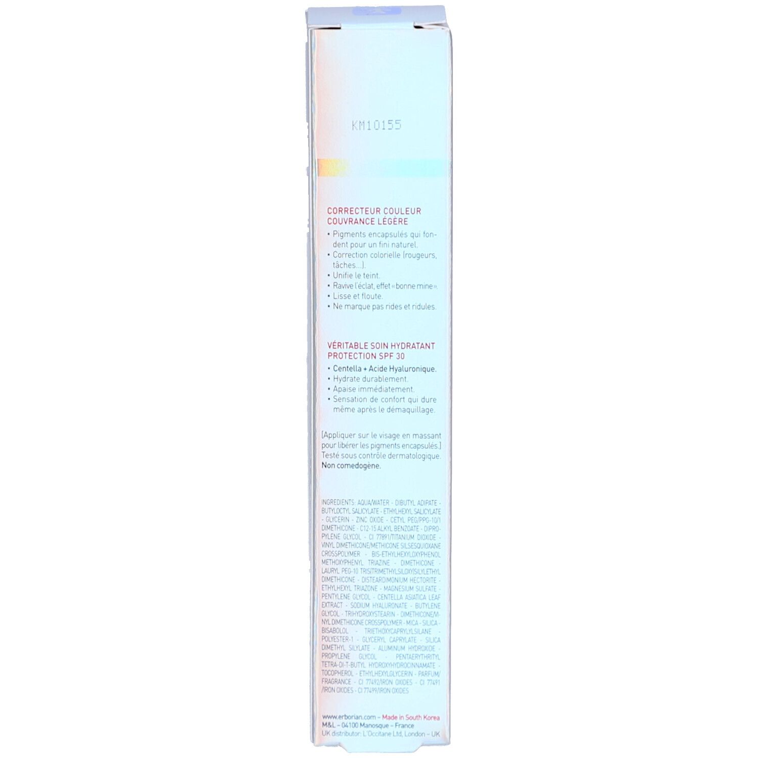 Seitenansicht der Erborian CC Creme Clair SPF 30 Faltschachtel mit Inhaltsstoffen.