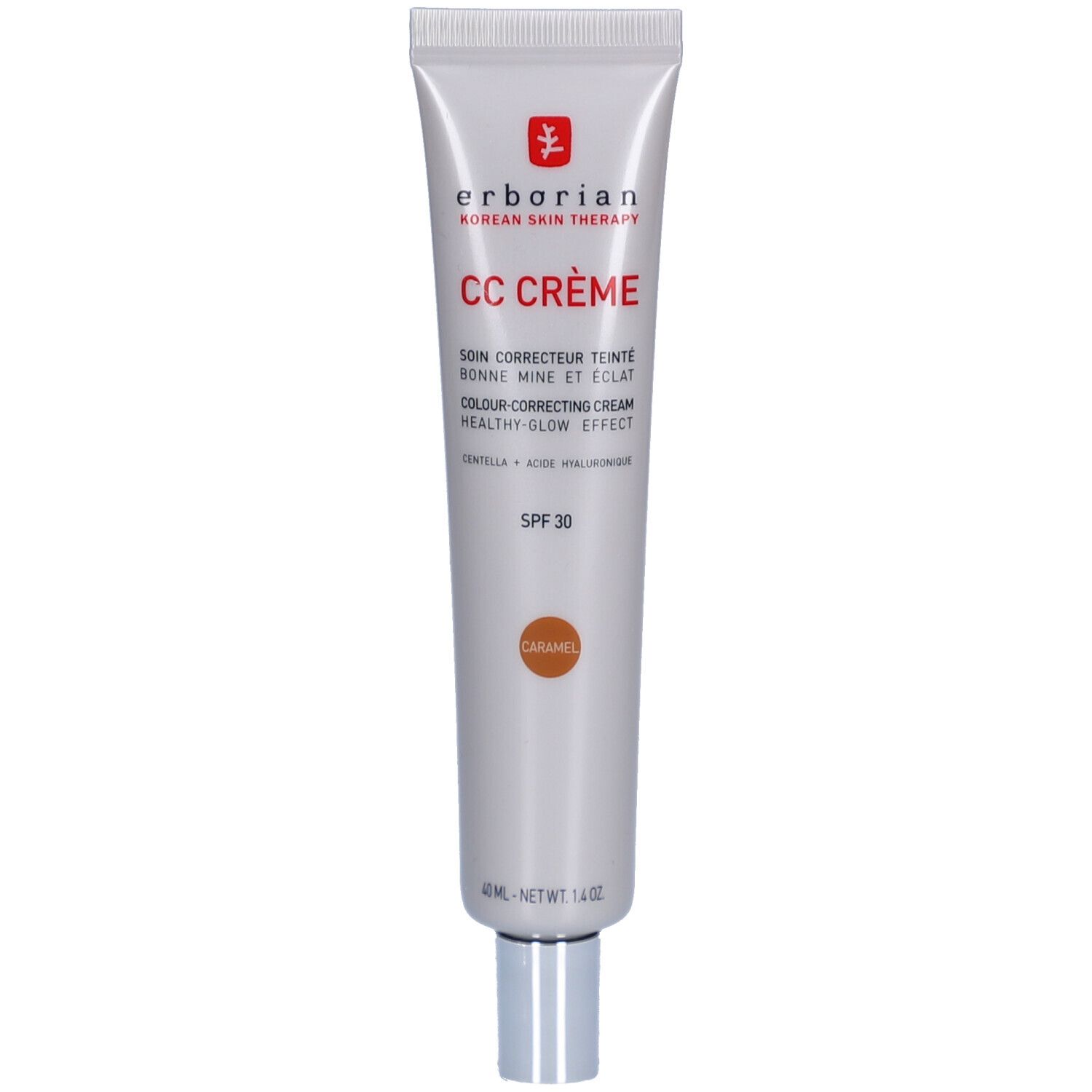 Erborian CC Creme Caramel LSF 30 Tube mit silbernem Verschluss.