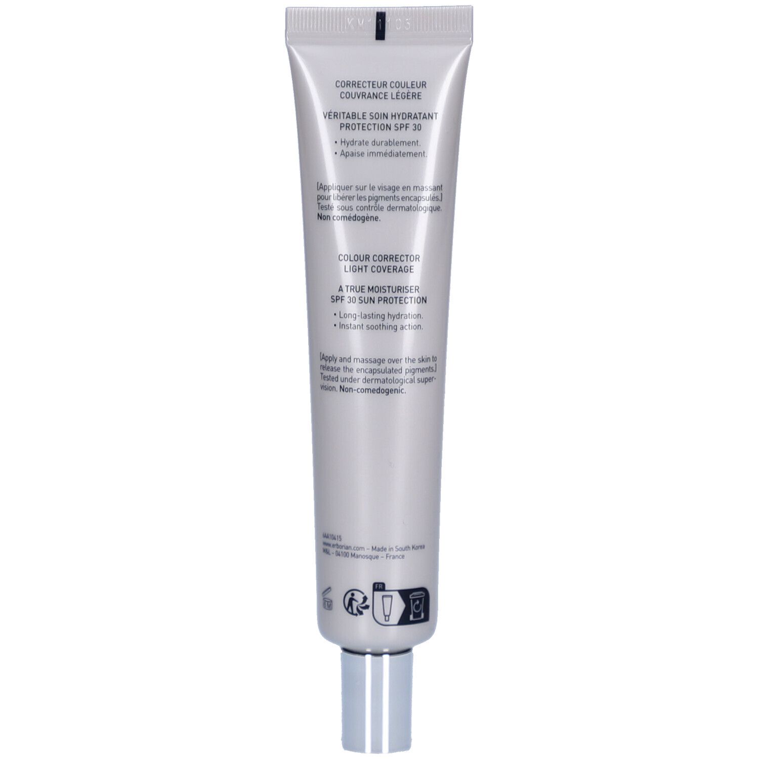 Rückseite der Erborian CC Creme Caramel LSF 30 Tube mit Produktinformationen.