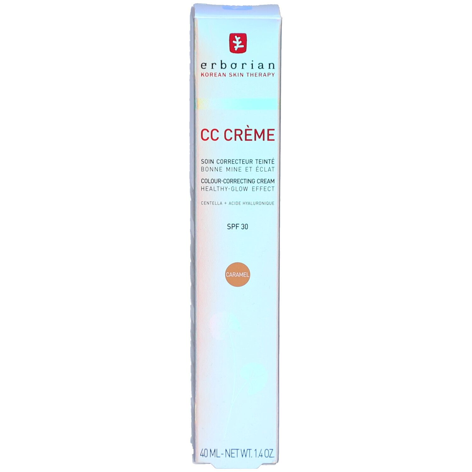 Seite der Erborian CC Creme Caramel LSF 30 Verpackung mit Produktinformationen.