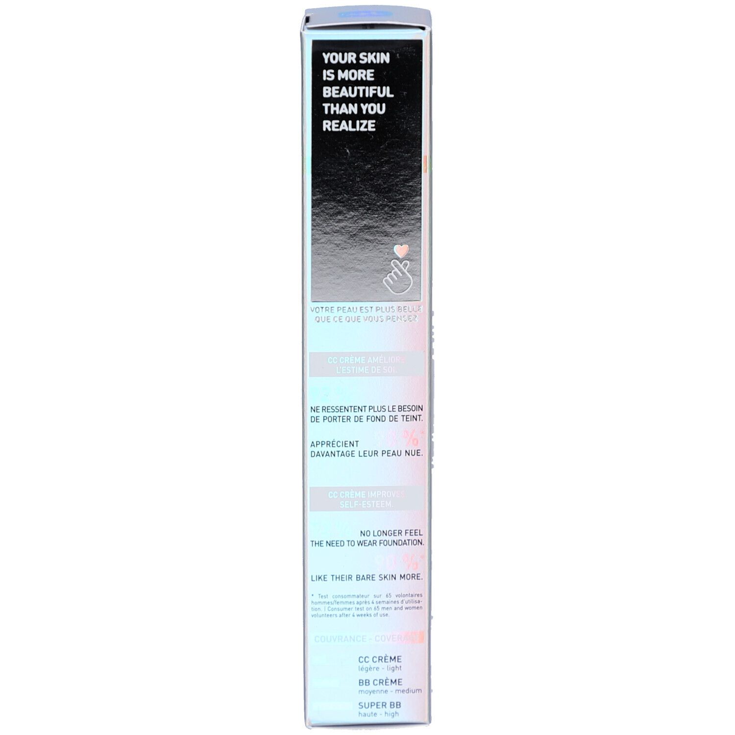 Seite der Erborian CC Creme Caramel LSF 30 Verpackung mit Text.