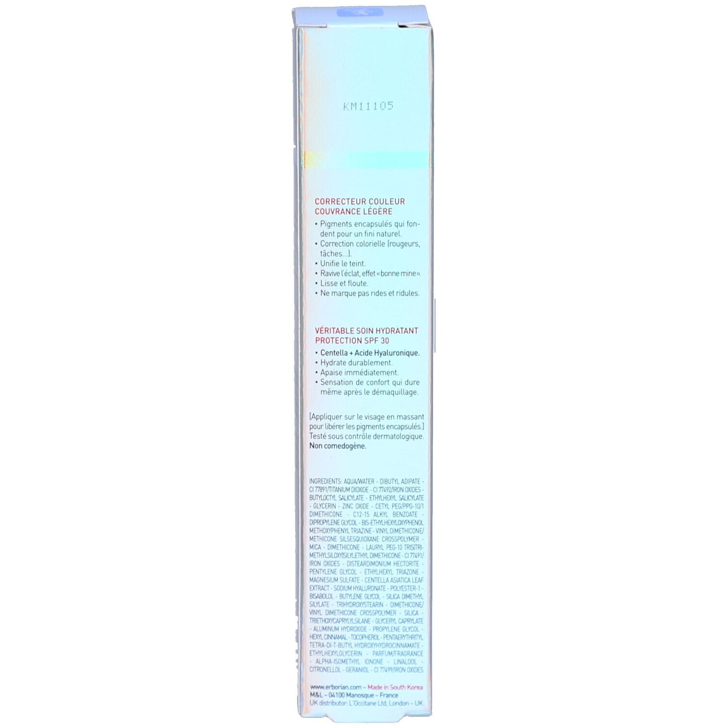 Seite der Erborian CC Creme Caramel LSF 30 Verpackung mit Inhaltsstoffen.