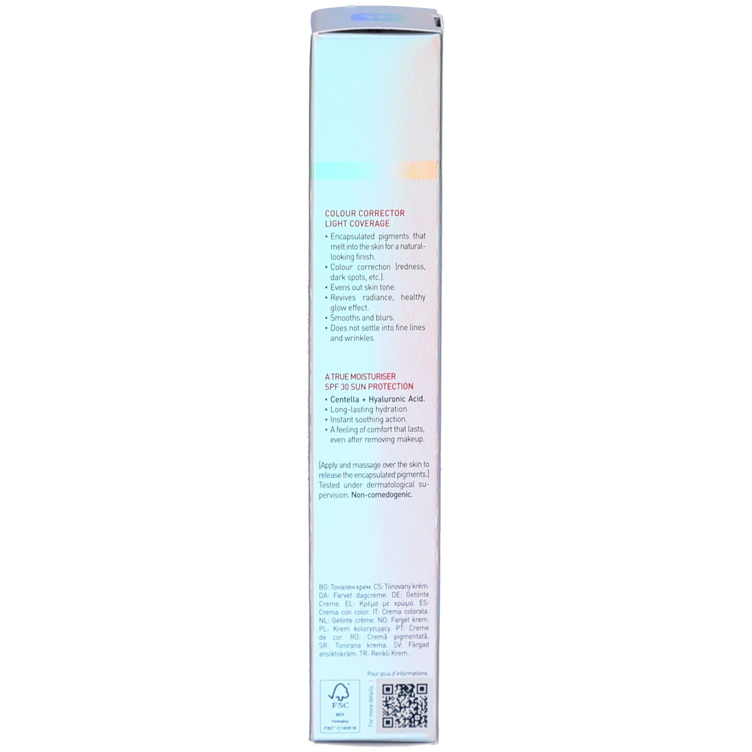 Seite der Erborian CC Creme Caramel LSF 30 Verpackung mit Produktbeschreibung.