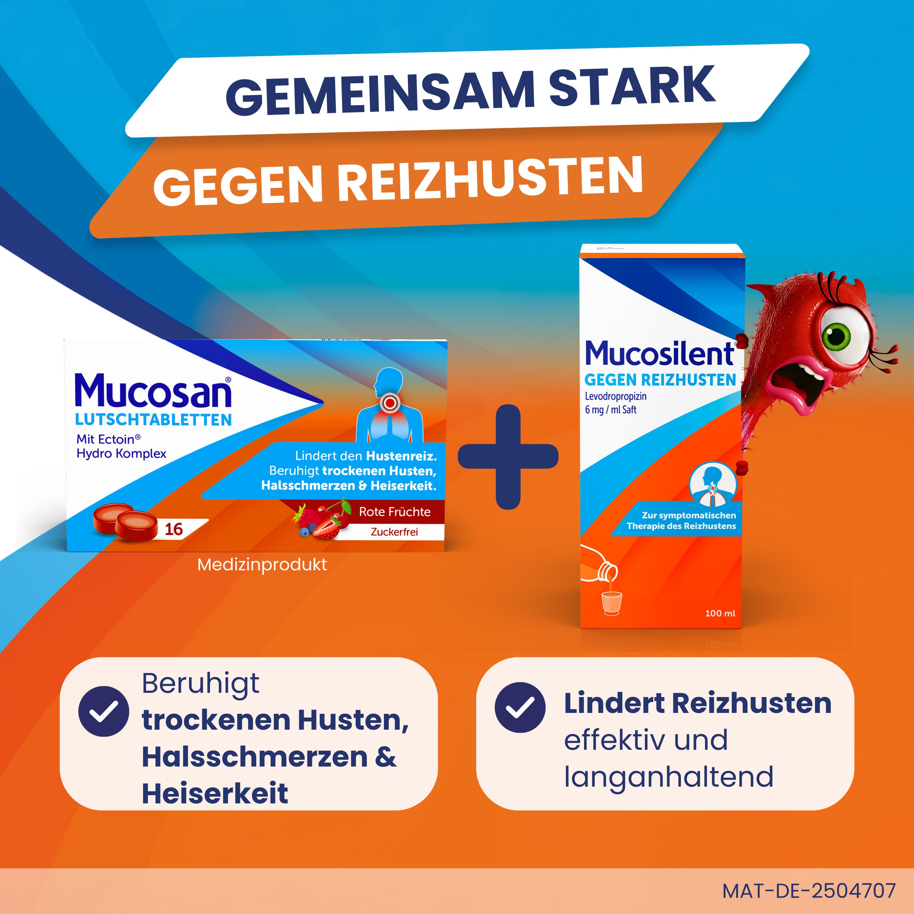 Mucosan Lutschtabletten und Mucosolvent Hustensaft. Lindern Reizhusten. Beruhigen trockenen Husten.