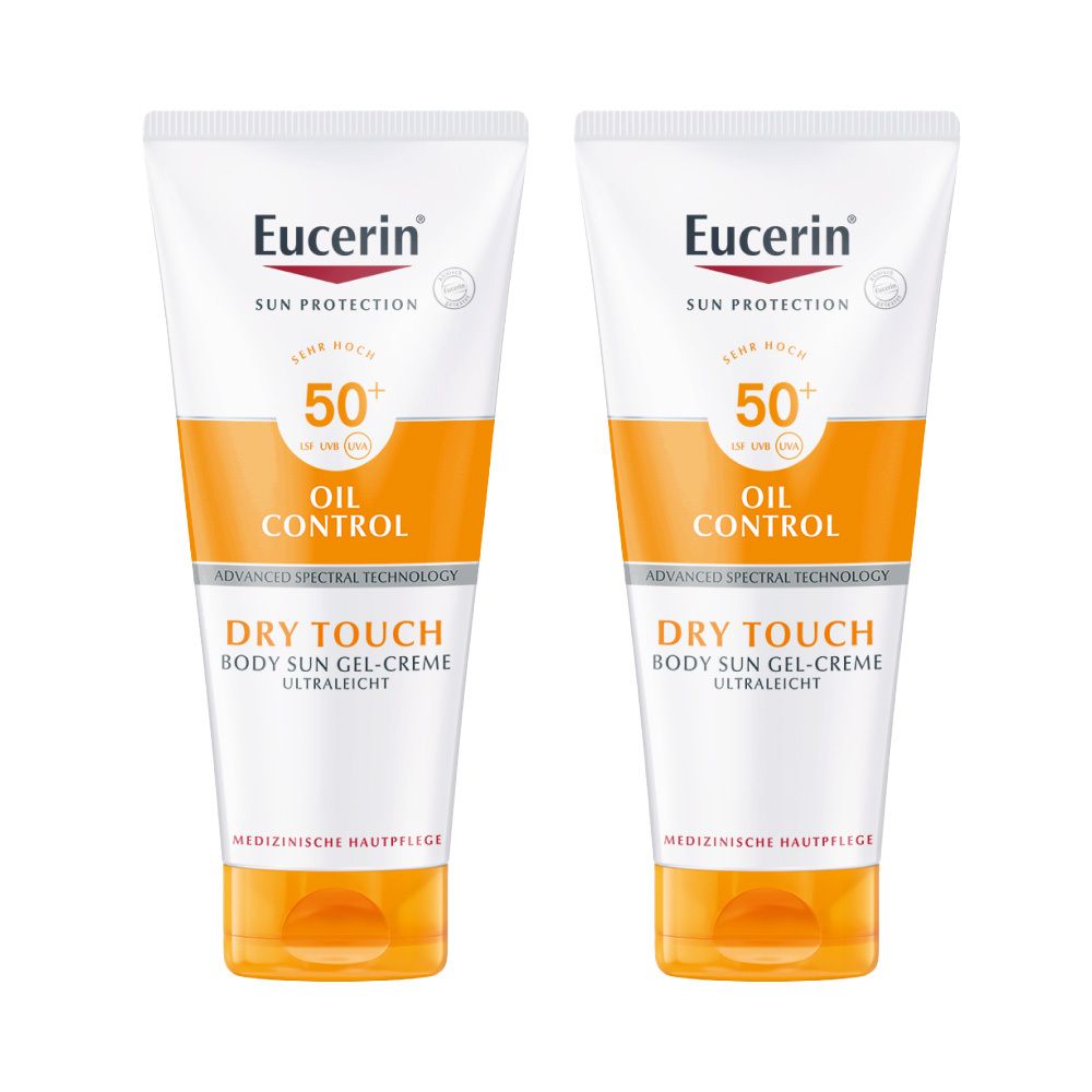Zwei Tuben Eucerin Sonnenschutz. Weiß, mit orangefarbenen Akzenten. Text: Oil Control, Dry Touch, LSF 50+. Medizinische Hautpflege.