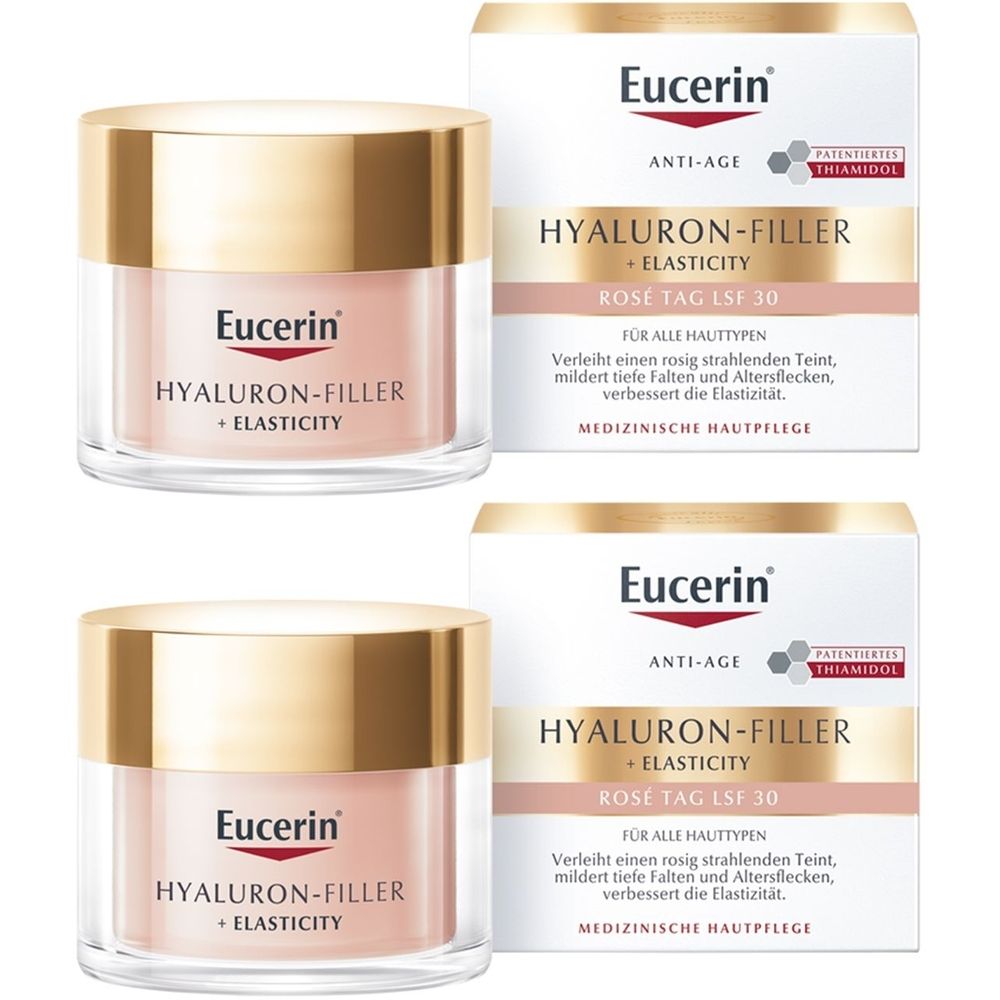Zwei Tiegel Eucerin Hyaluron-Filler + Elasticity Rosé Tag LSF 30. Rosa Creme in Glasbehältern mit goldenen Deckeln und weißen Kartons.