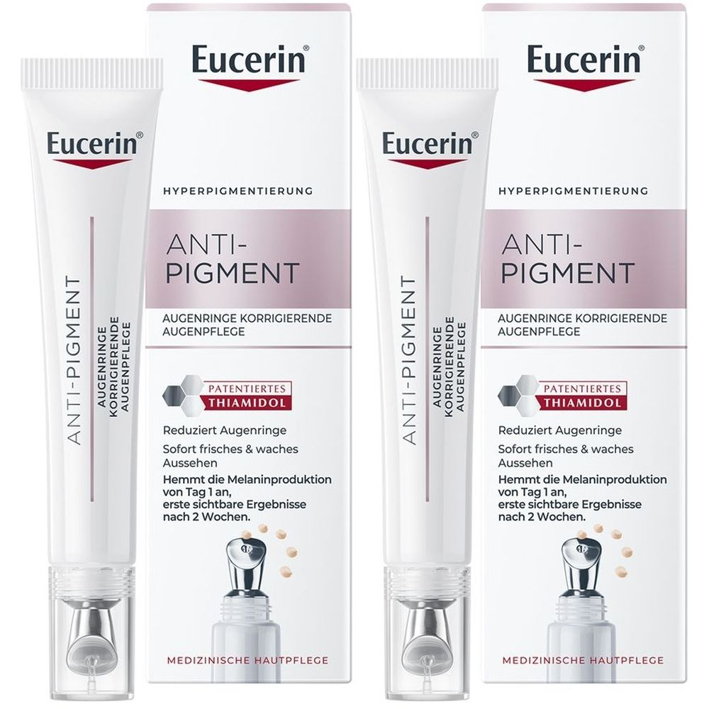 Zwei Tuben und eine Verpackung von Eucerin Anti-Pigment Augenpflege. Weiße Tuben mit silbernem Applikator. Text: Anti-Pigment.