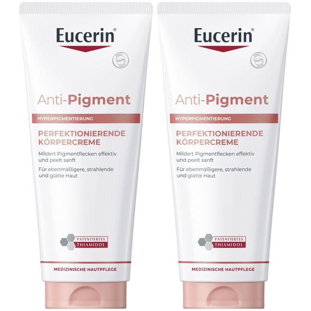 Zwei Tuben Eucerin Anti-Pigment Körpercreme. Weiße Tuben mit roter und brauner Schrift. Aufschrift: Anti-Pigment, Perfektionierende Körpercreme.