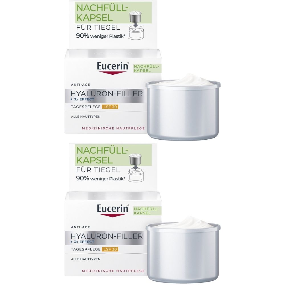 Zwei Cremetiegel mit Nachfüllkapsel und Verpackung. Auf der Verpackung steht Eucerin Hyaluron-Filler + 3x Effect Tagespflege LSF 30.