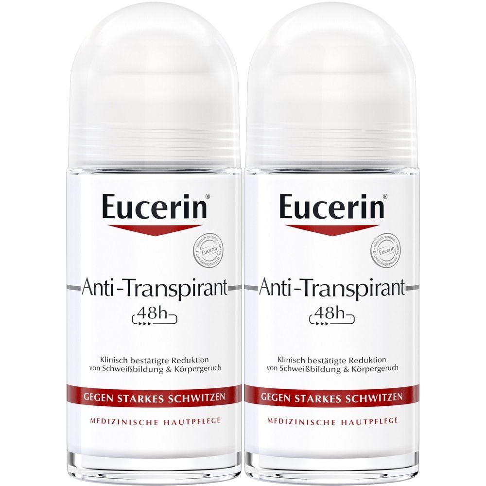 Zwei Eucerin Anti-Transpirant Roll-ons. Weißes Gehäuse mit roter Schrift. Aufschrift: Anti-Transpirant 48h, gegen starkes Schwitzen. Medizinische Hautpflege.