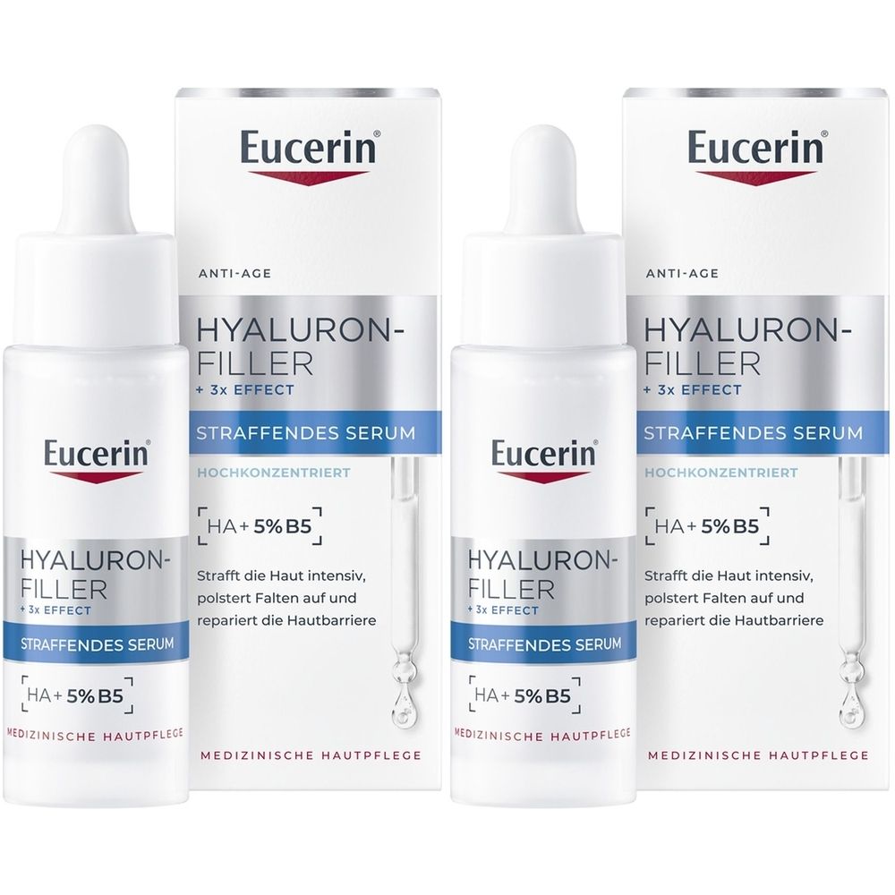 Mehrere Flakons und Verpackungen von Eucerin Hyaluron-Filler Serum. Weiße Flaschen mit Pipette, in weißen Schachteln.