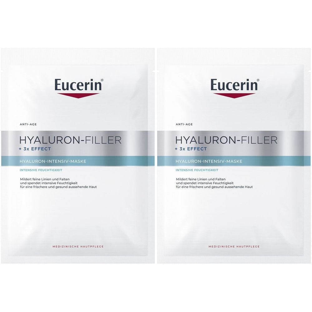 Zwei weiße Beutel mit Produktinformationen. Oben steht "Eucerin". Darunter "HYALURON-FILLER + 3x EFFECT".