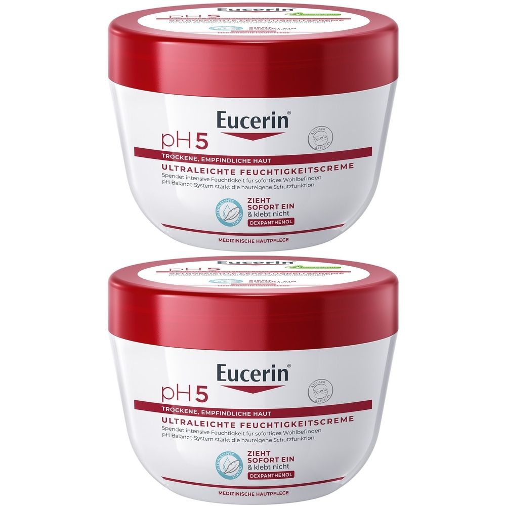 Zwei Cremetiegel mit rotem Deckel. Aufschrift: Eucerin pH5, Ultraleichte Feuchtigkeitscreme. Medizinische Hautpflege.
